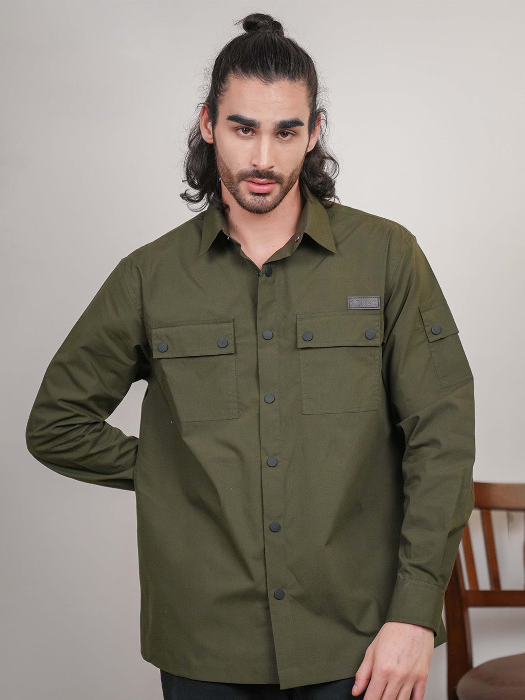 Olive Green Solid Heavy Cotton Poplin Boxy Fit Shirt