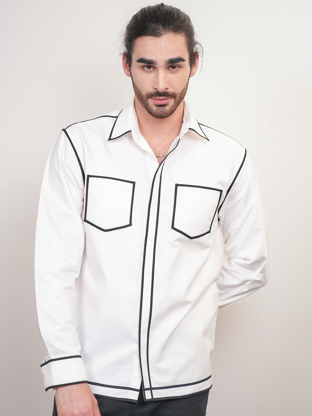 White Colour blocked Heavy Cotton Twill Boxy Fit Shirt For Men