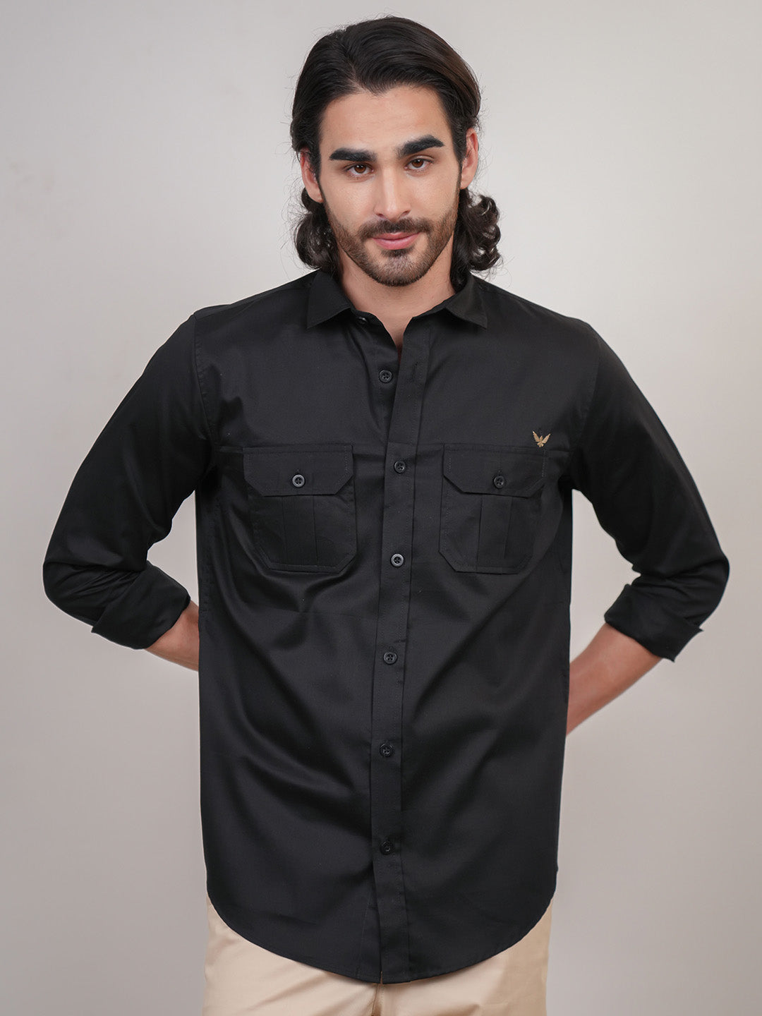 Black Solid Cotton Twill Slim Fit Shirt