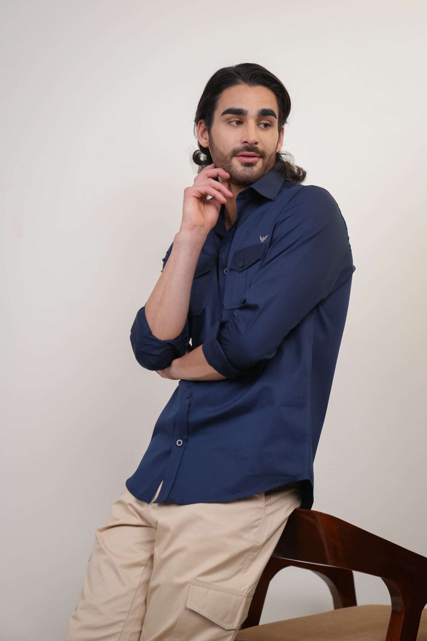 Navy Solid Cotton Twill Slim Fit Shirt