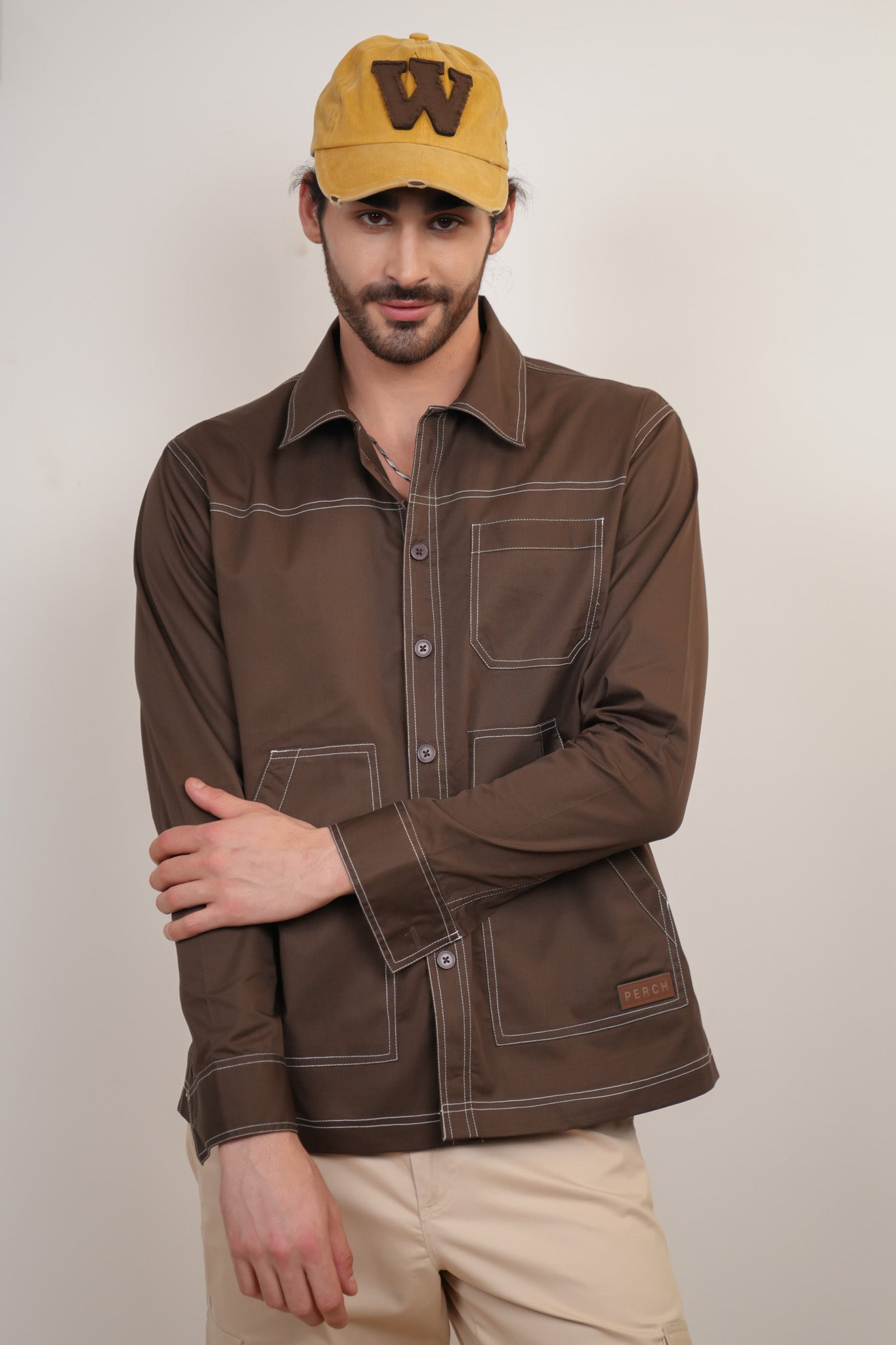 Brown Solid Heavy Cotton Twill Boxy Fit Shirt For Men