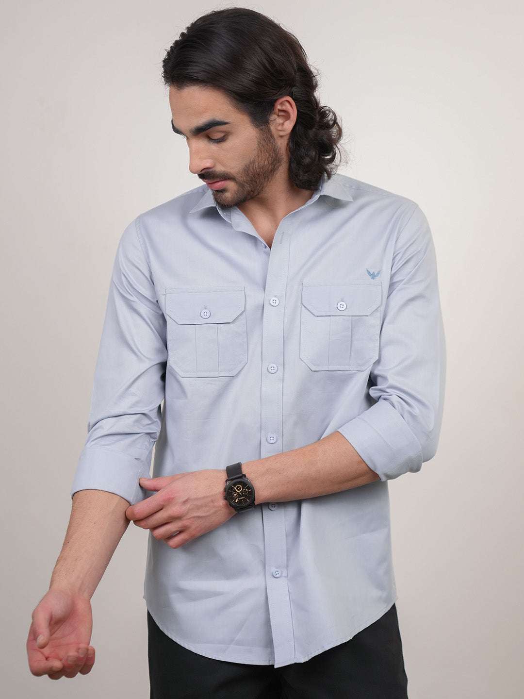 Shadow Blue Solid Cotton Twill Slim Fit Shirt