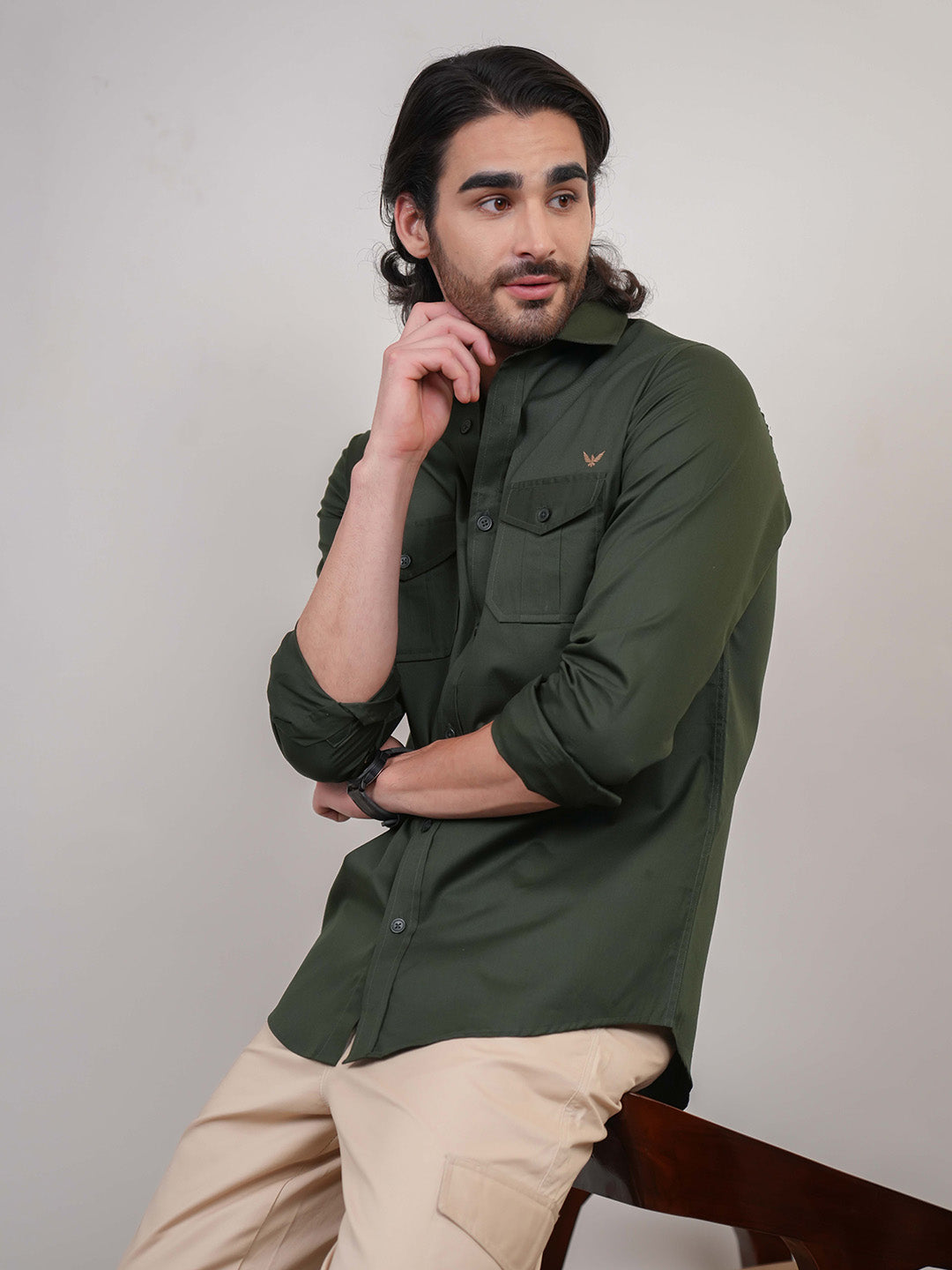 English Green Solid Cotton Twill  Slim Fit Shirt