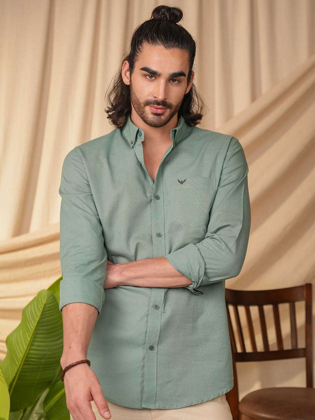 Sea Green Solid Pre-Washed Linen Cotton Slim Fit Shirt