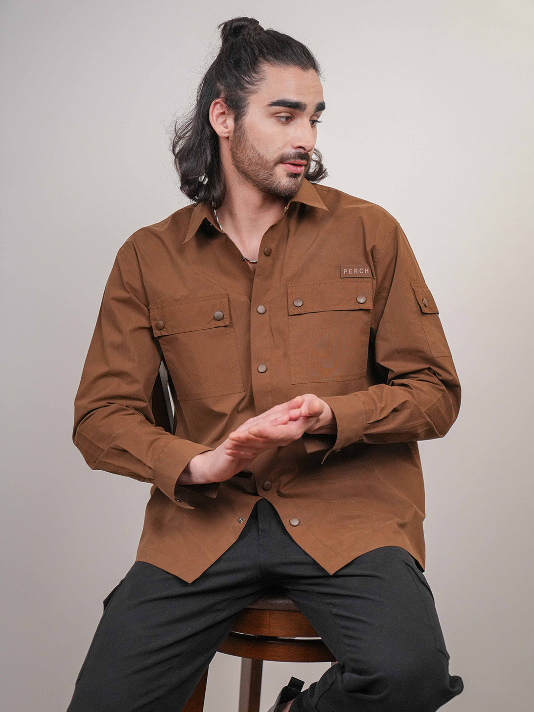 Brown Solid Heavy Cotton Poplin Snap button Boxy Fit Shirt
