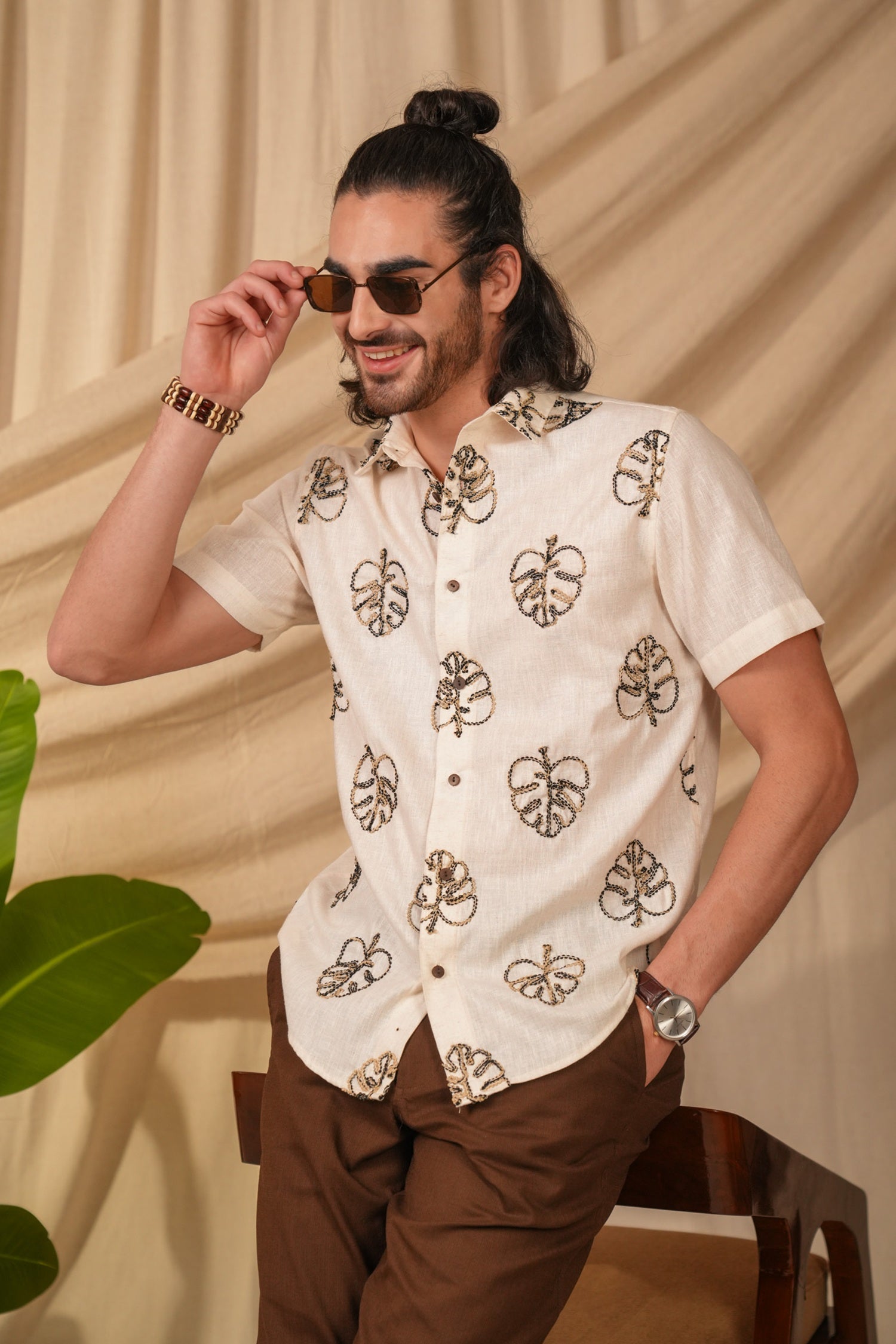 Beige Natural Grains Solid Pre-Washed Linen Cotton Slim Fit Shirt
