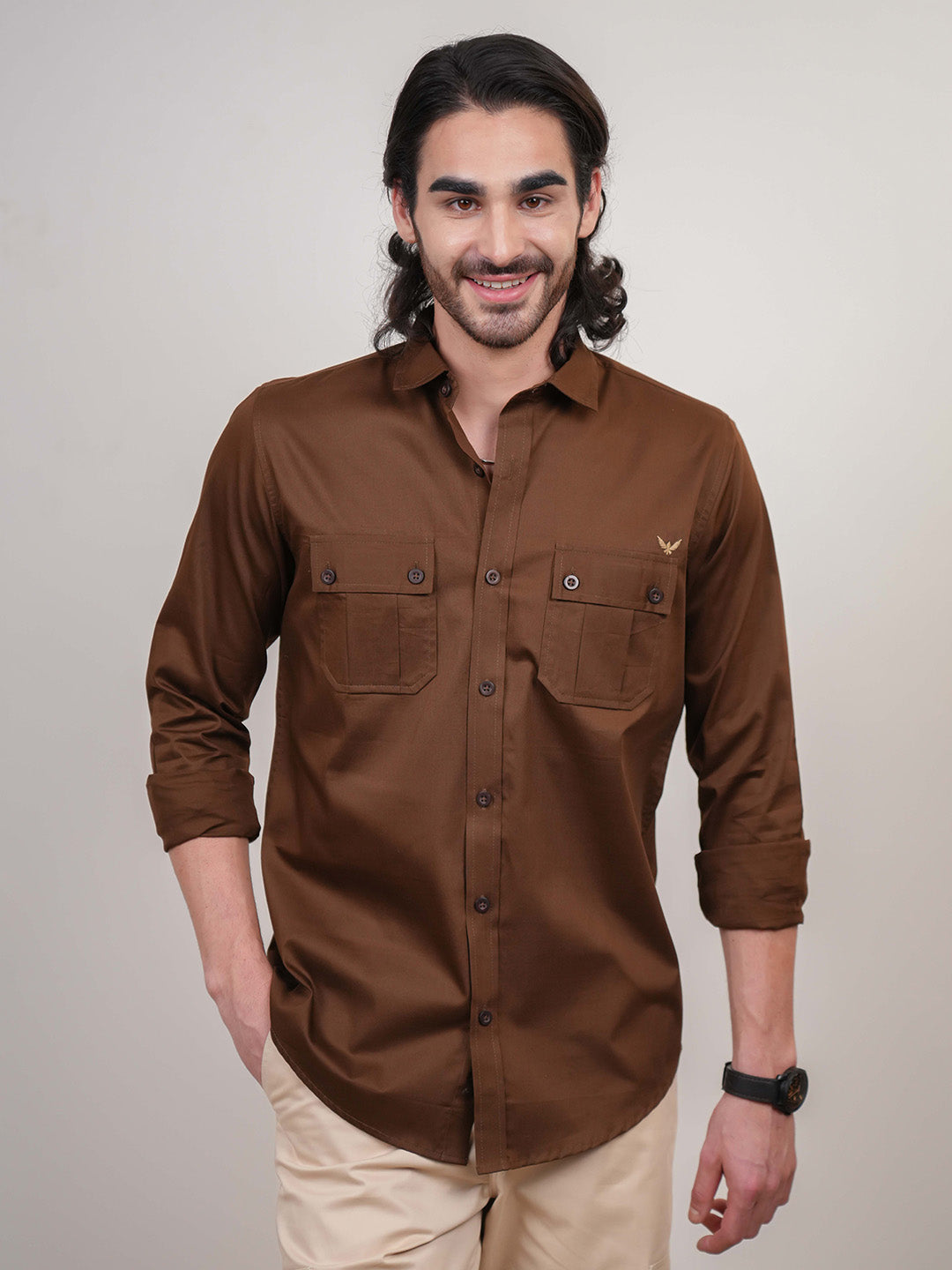 Brown Solid Cotton Twill Slim Fit Shirt