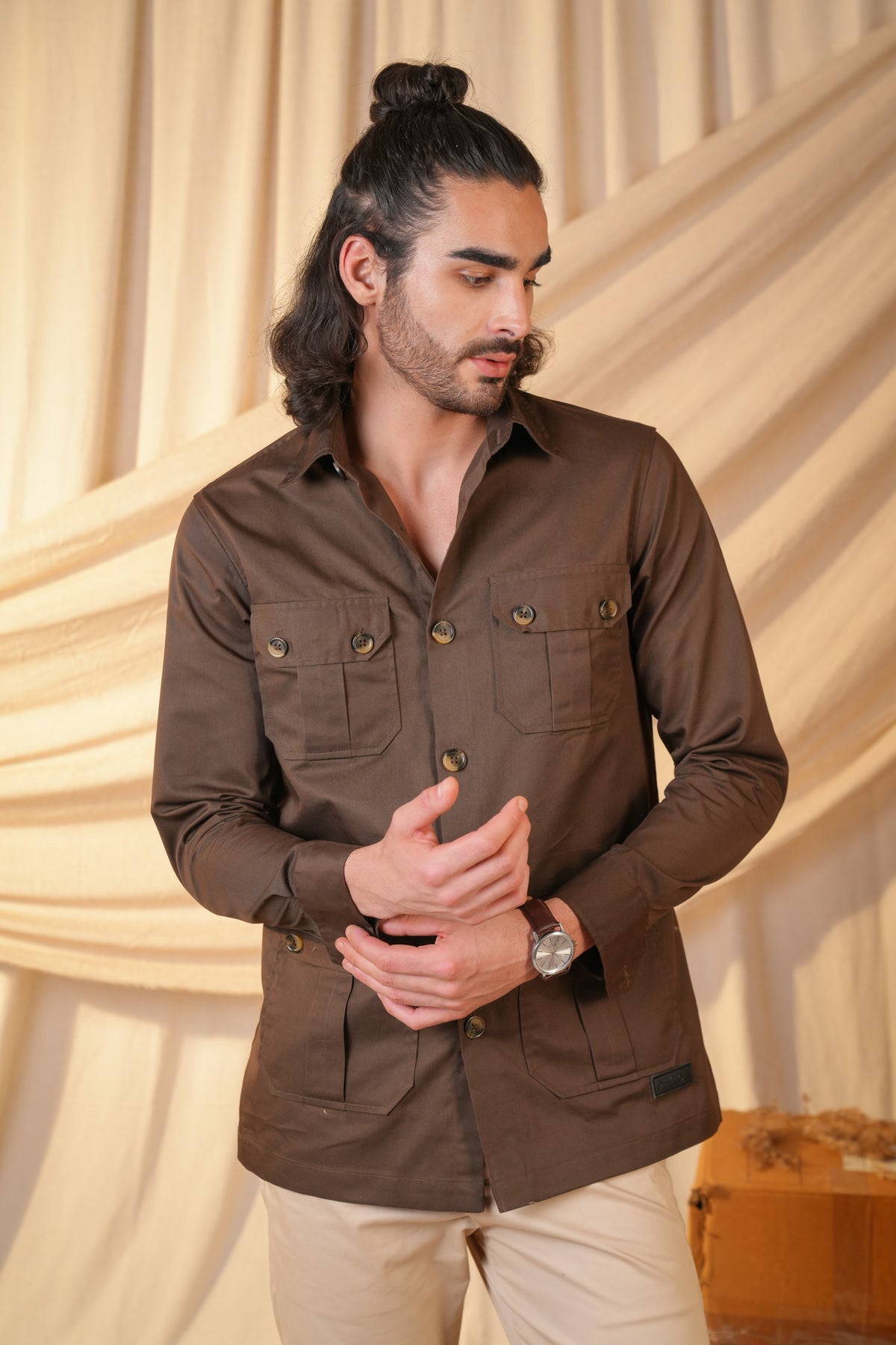 Brown Solid Heavy Cotton Twill Regular Fit Shirt For Men