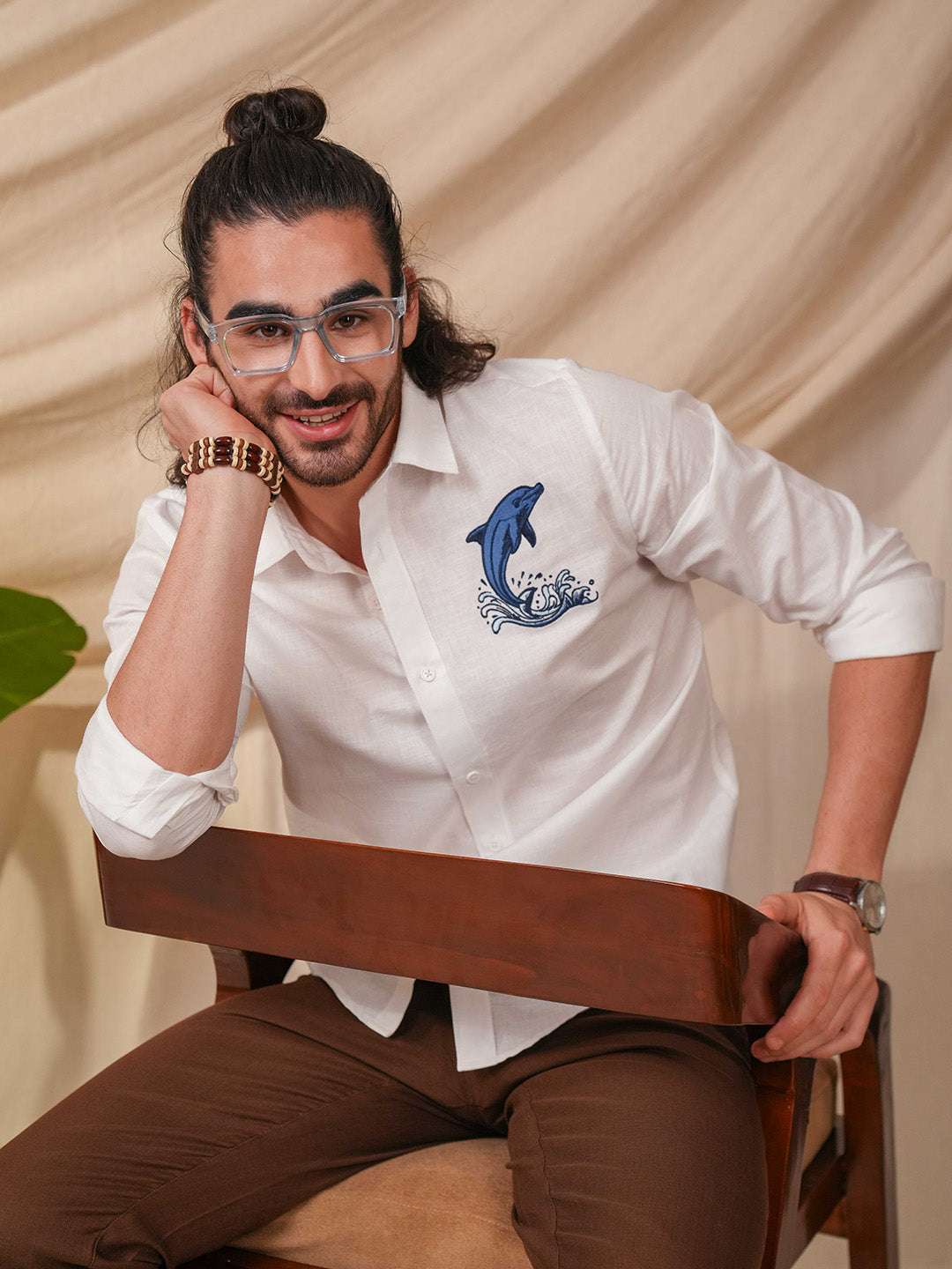 White Dolphin Embroidery Linen Cotton Shirt