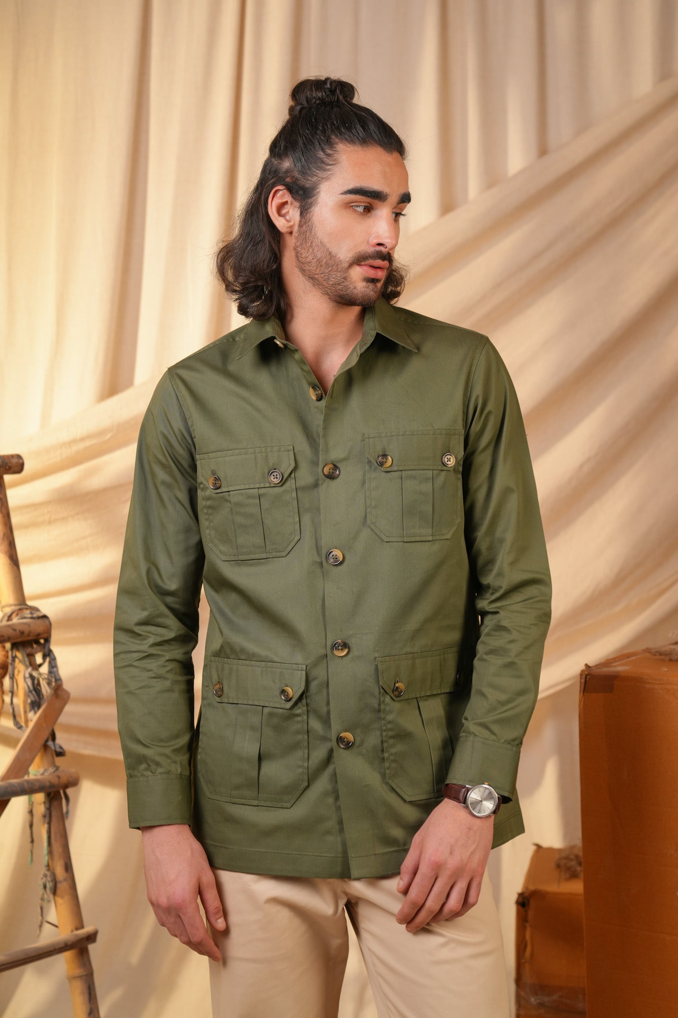 Green Solid Heavy Cotton Twill Regular Fit Shirt For Men