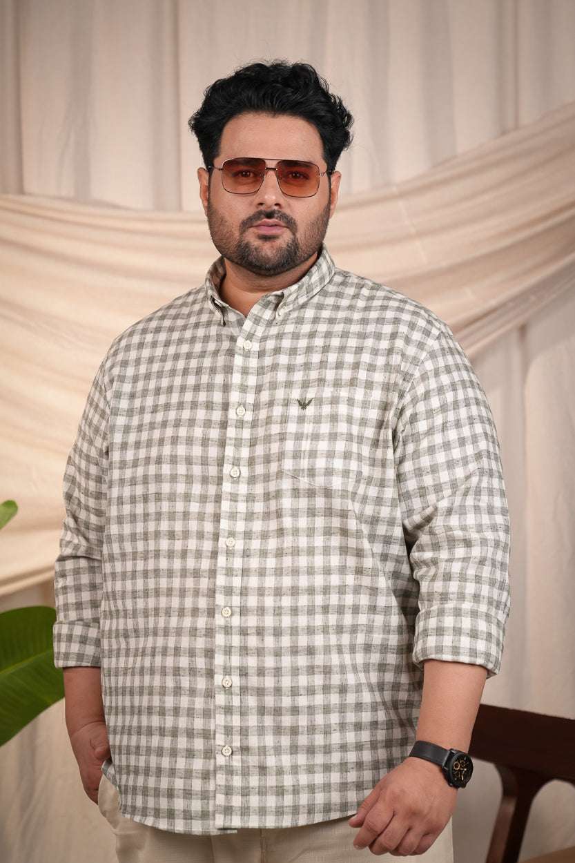 Meadow Green Checks Pre-Washed Linen Cotton Regular Fit Plus Size Shirt