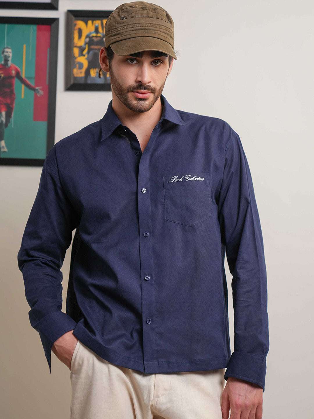Navy Blue Solid Linen Cotton Boxy Fit Shirt