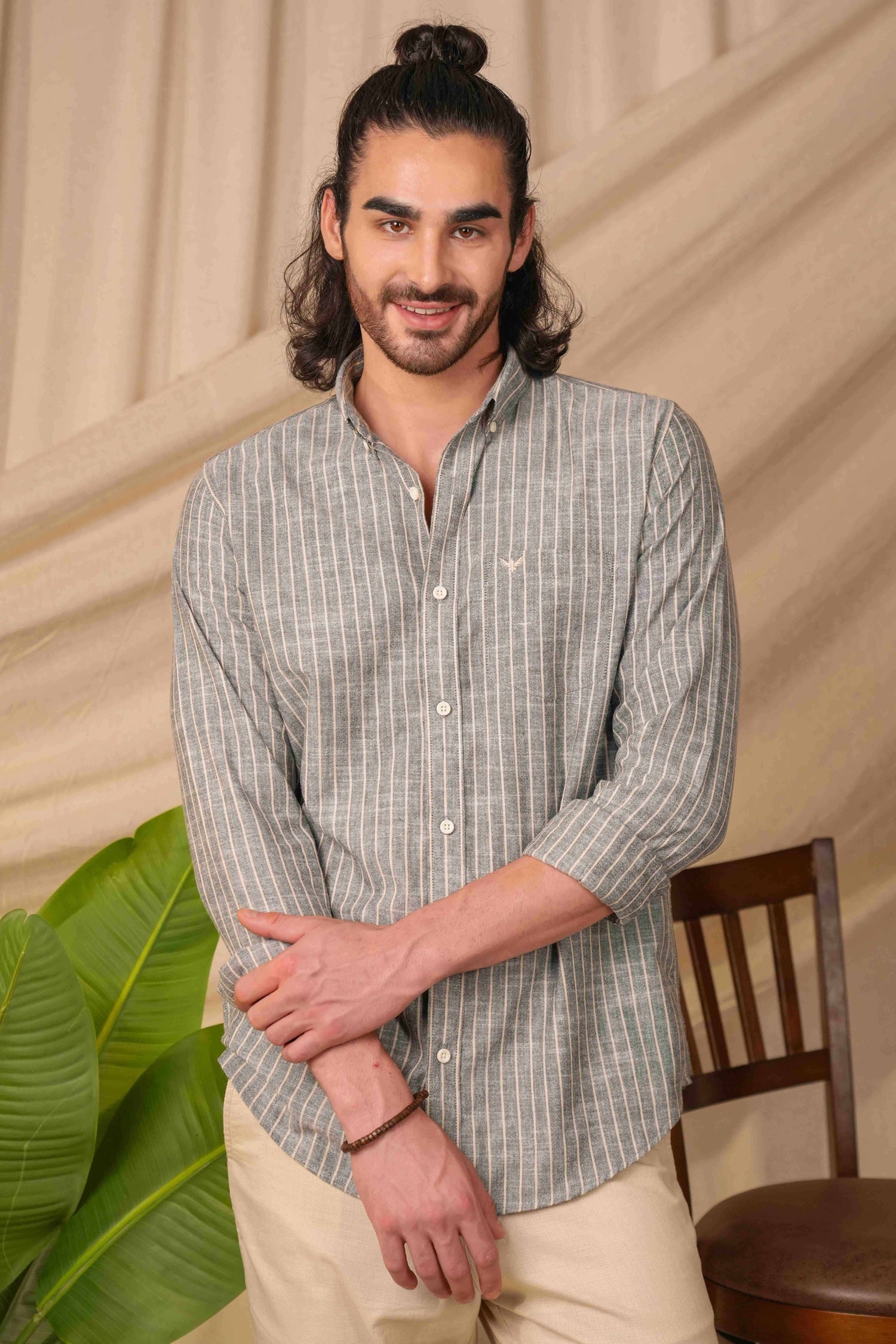 Dusty Grey Striped Pre-Washed Linen Cotton Slim Fit Shirt – P E R C H