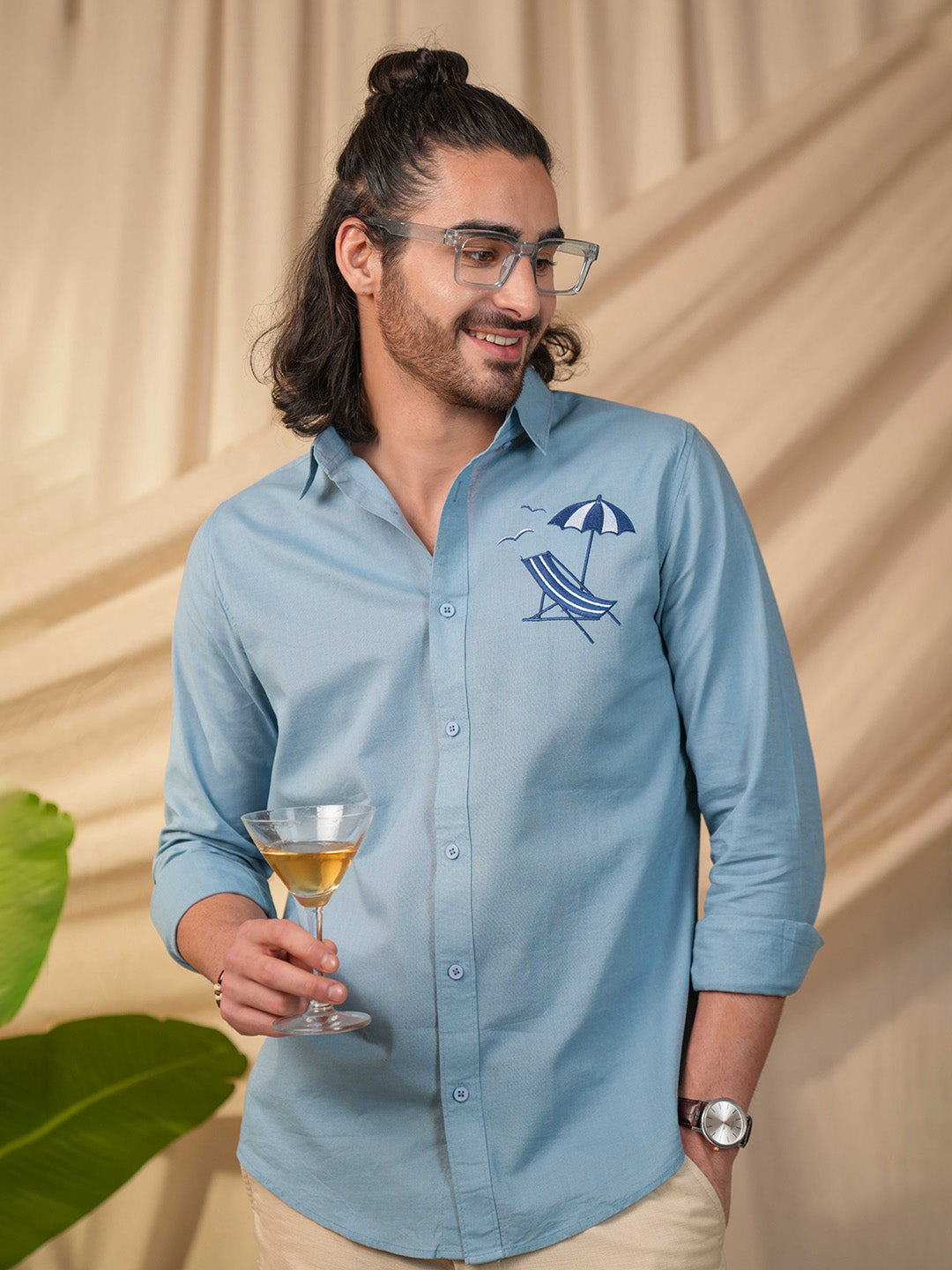 Aqua Blue Beach Chair Embroidery Linen Cotton Shirt