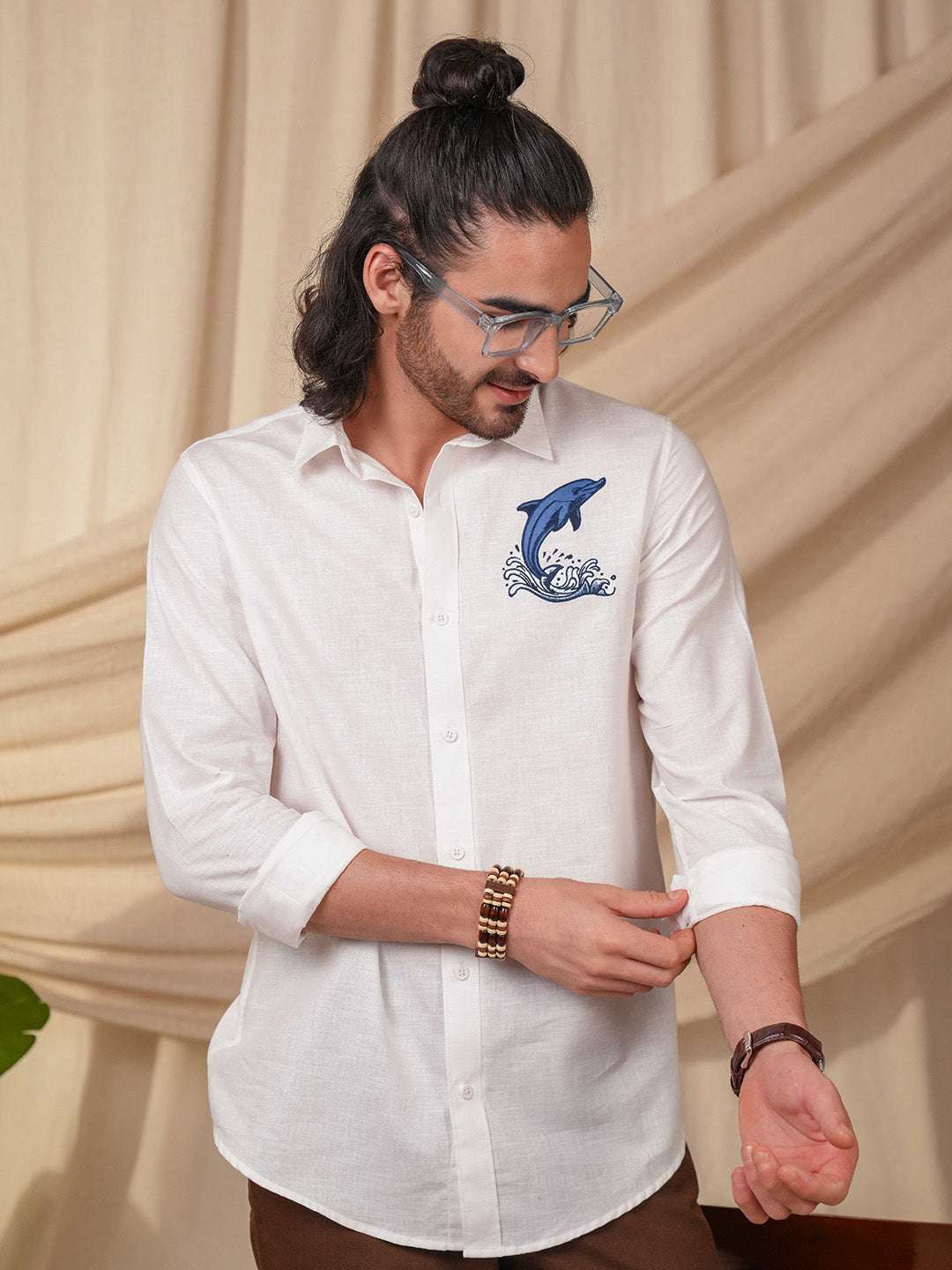 White Dolphin Embroidery Linen Cotton Shirt