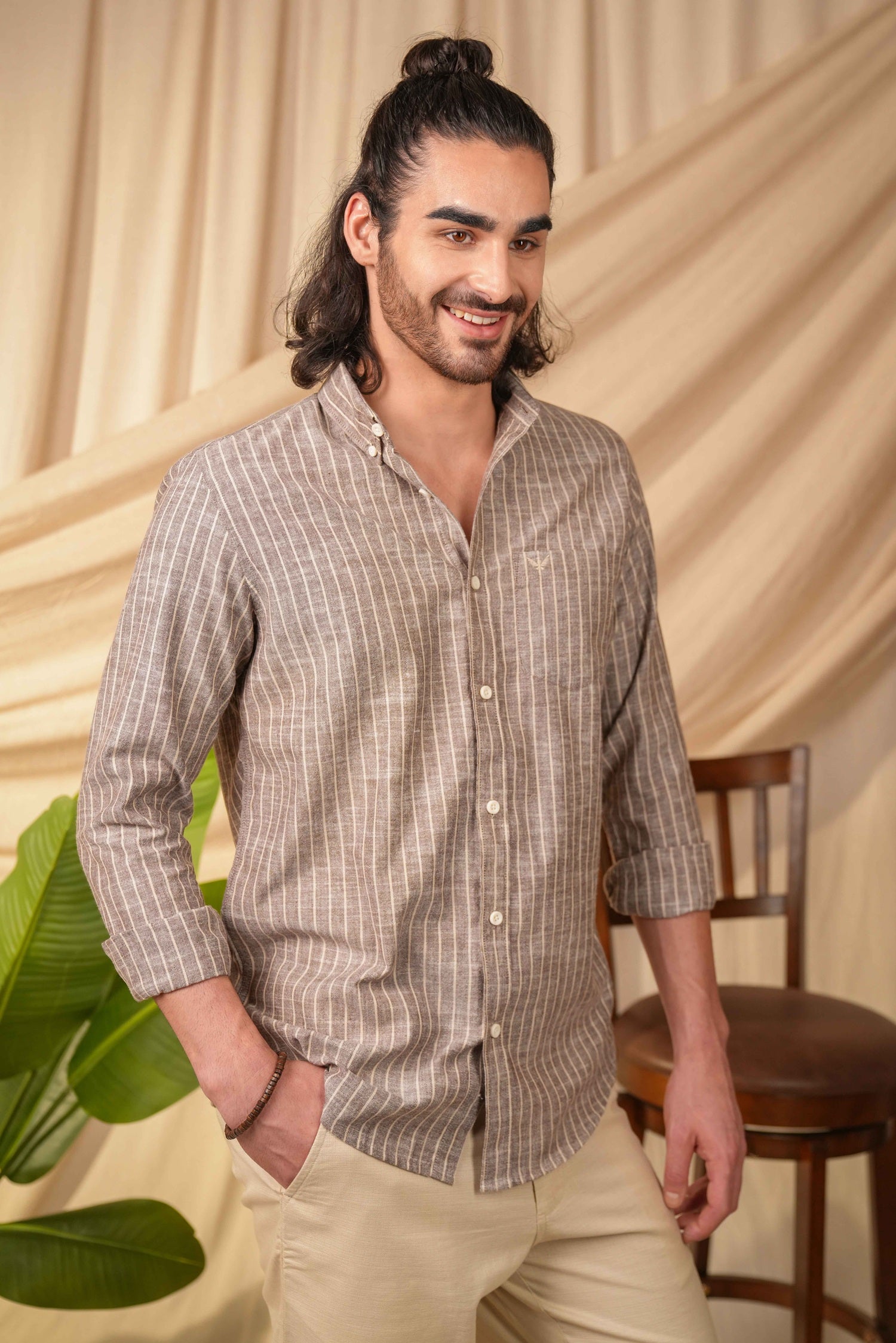 Dusty Brown Striped Pre-Washed Linen Cotton Slim Fit Shirt
