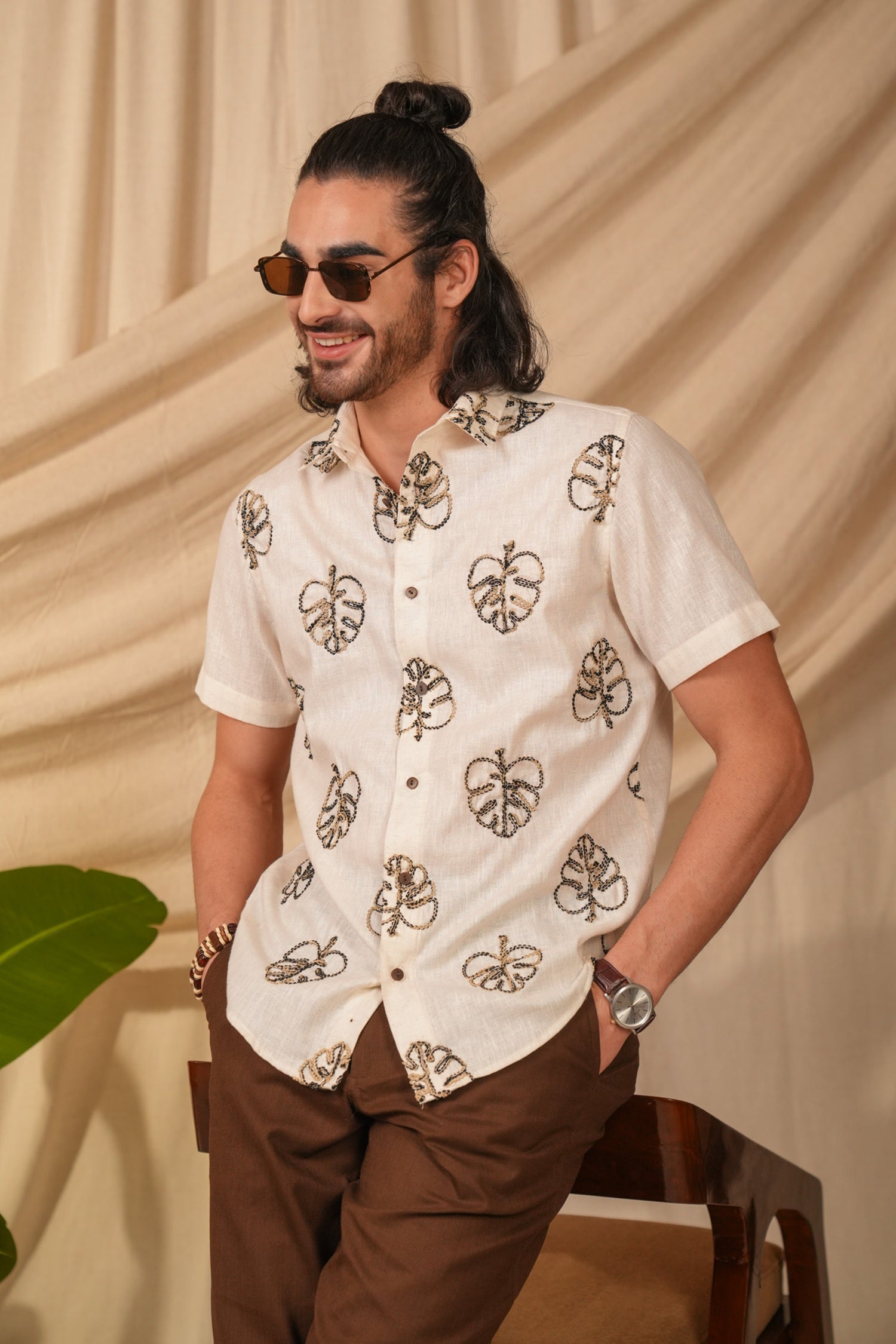 Beige Natural Grains Solid Pre-Washed Linen Cotton Slim Fit Shirt