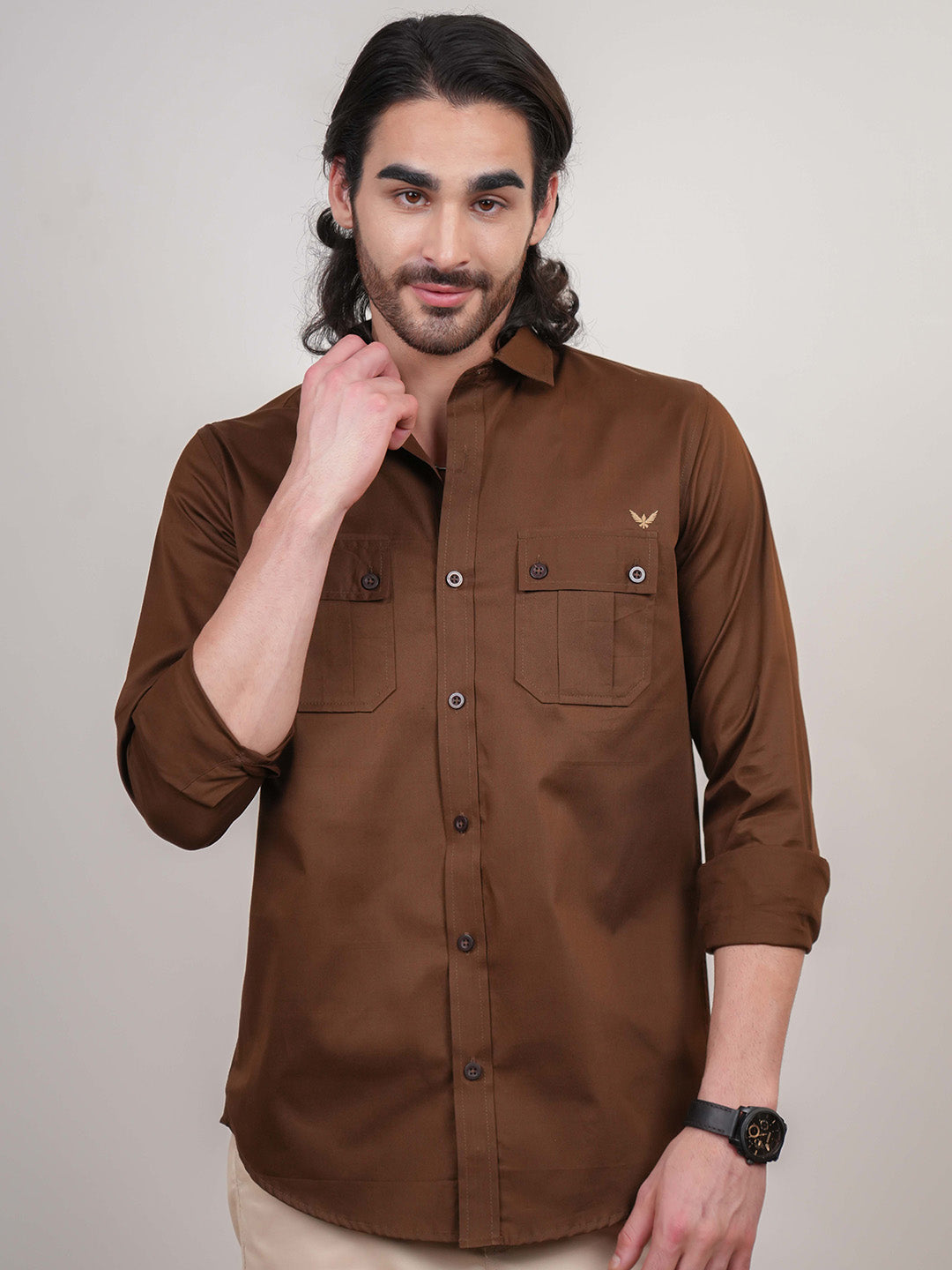 Brown Solid Cotton Twill Slim Fit Shirt
