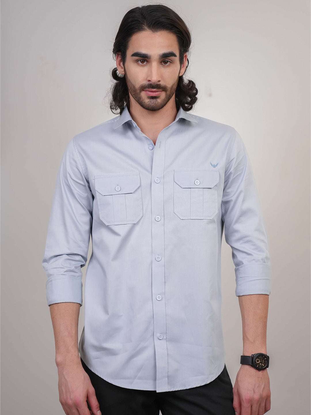 Shadow Blue Solid Cotton Twill Slim Fit Shirt