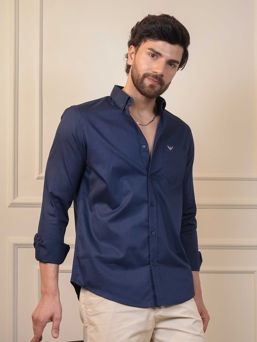 Navy Solid Cotton Twill  Slim Fit Shirt