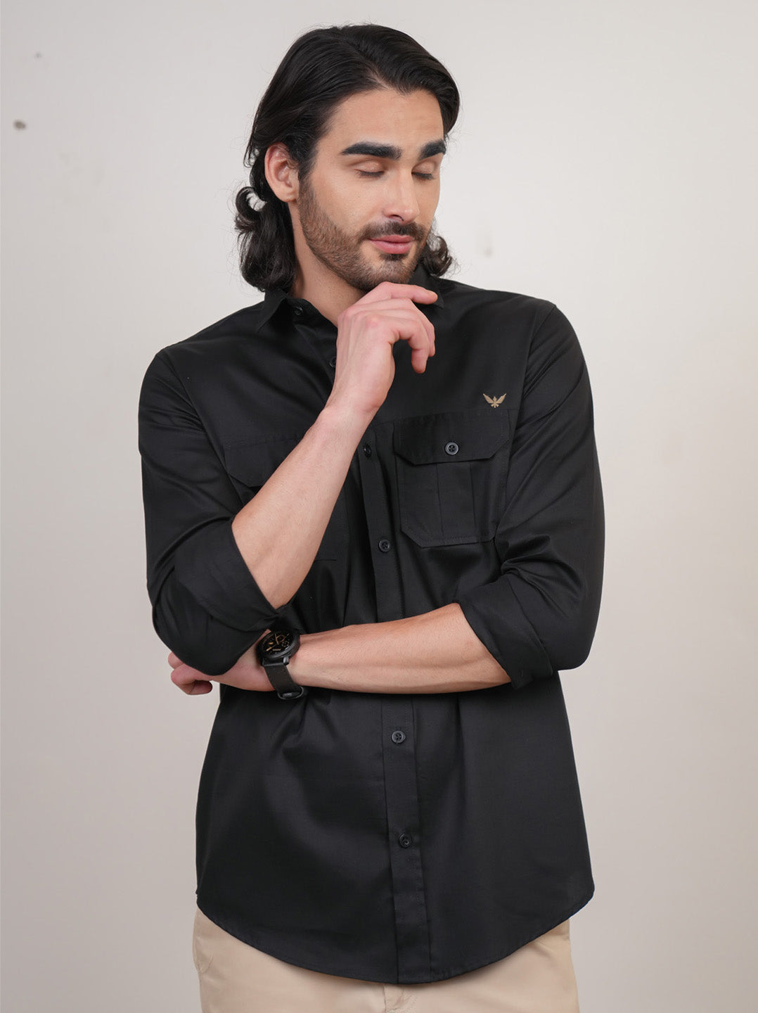 Black Solid Cotton Twill Slim Fit Shirt