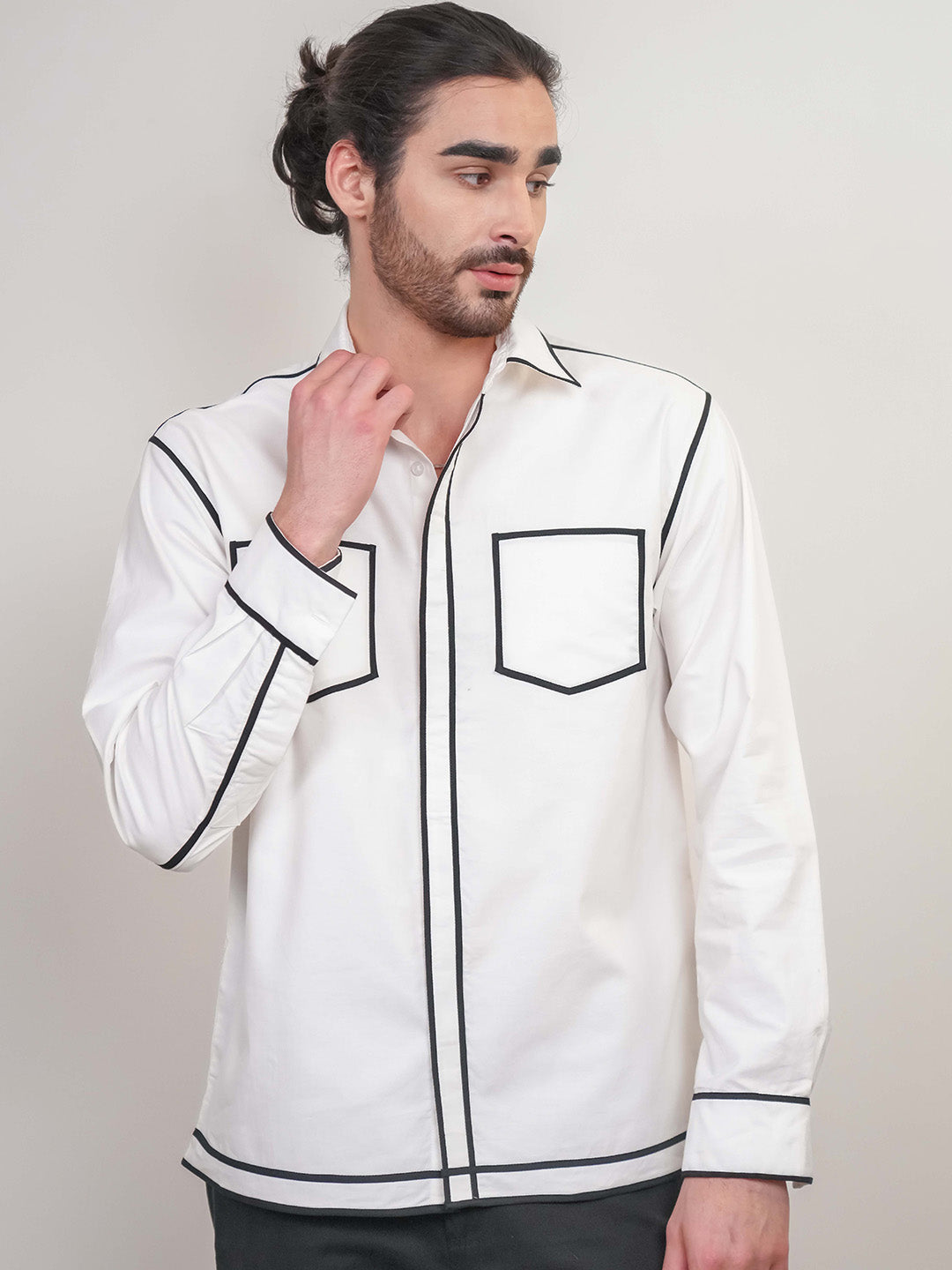 White Colour blocked Heavy Cotton Twill Boxy Fit Shirt For Men