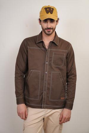Brown Solid Heavy Cotton Twill Boxy Fit Shirt For Men