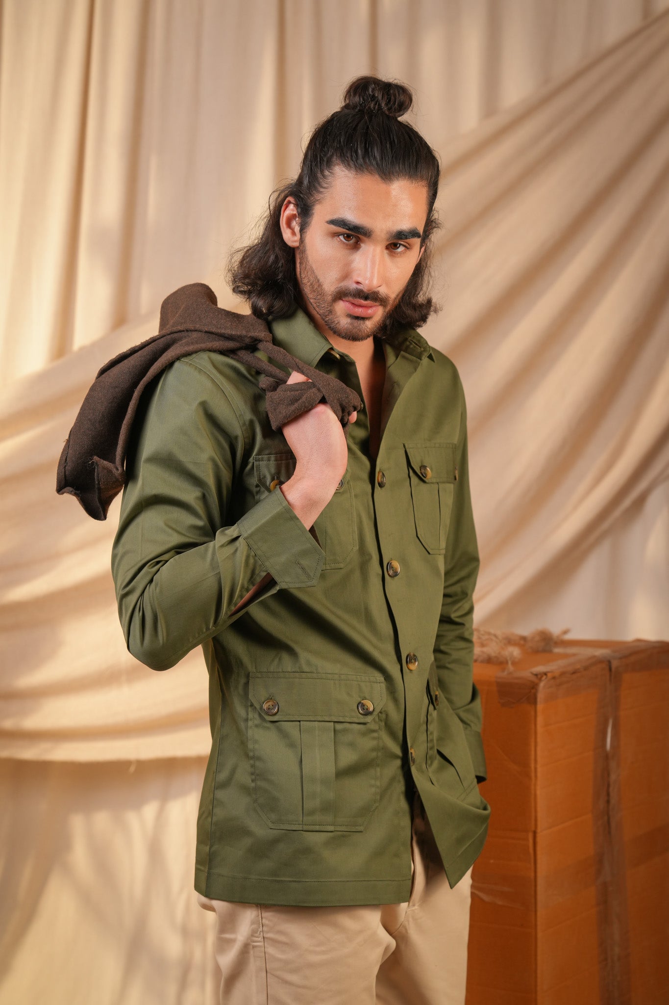 Green Solid Heavy Cotton Twill Regular Fit Shirt For Men