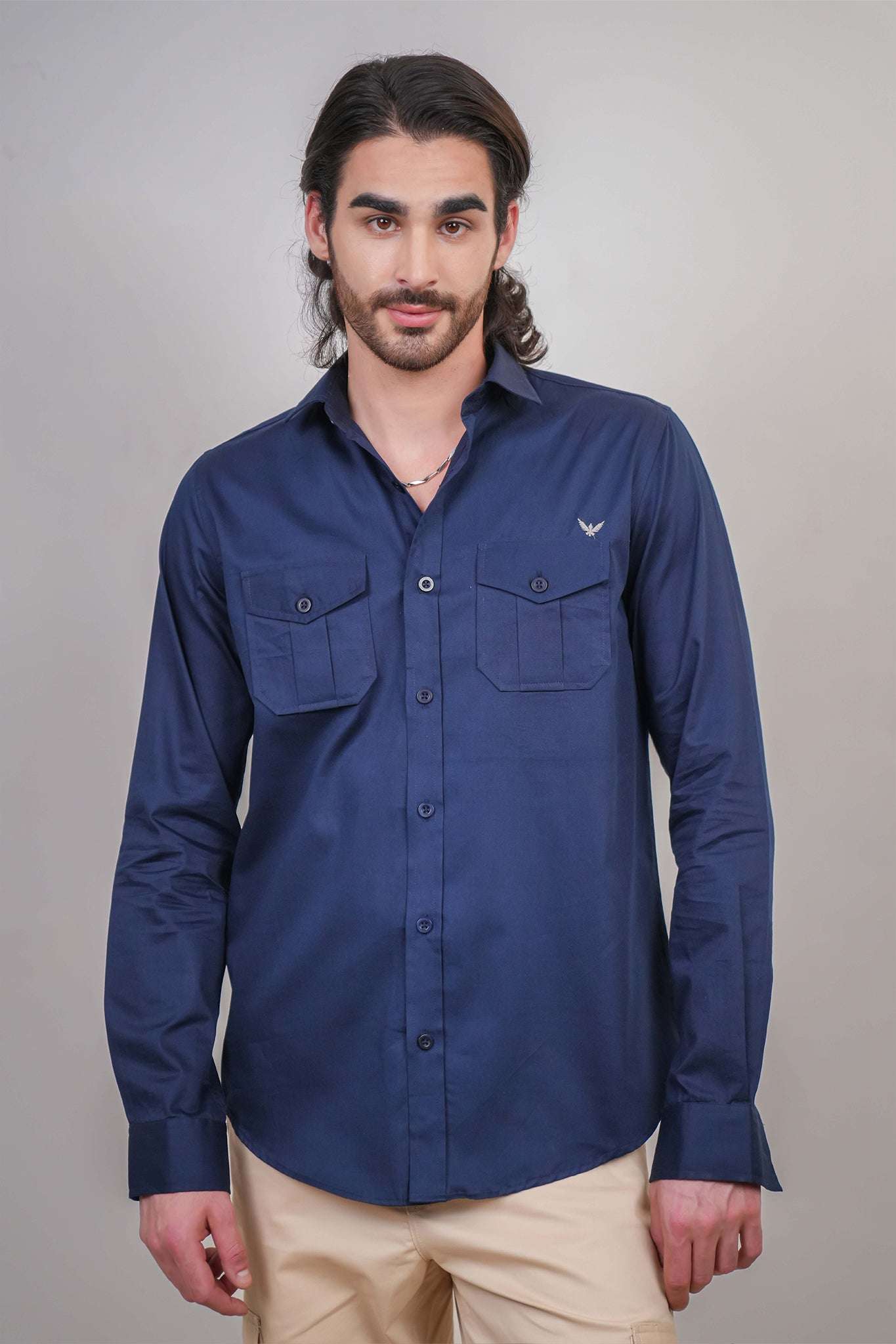 Navy Solid Cotton Twill Slim Fit Shirt