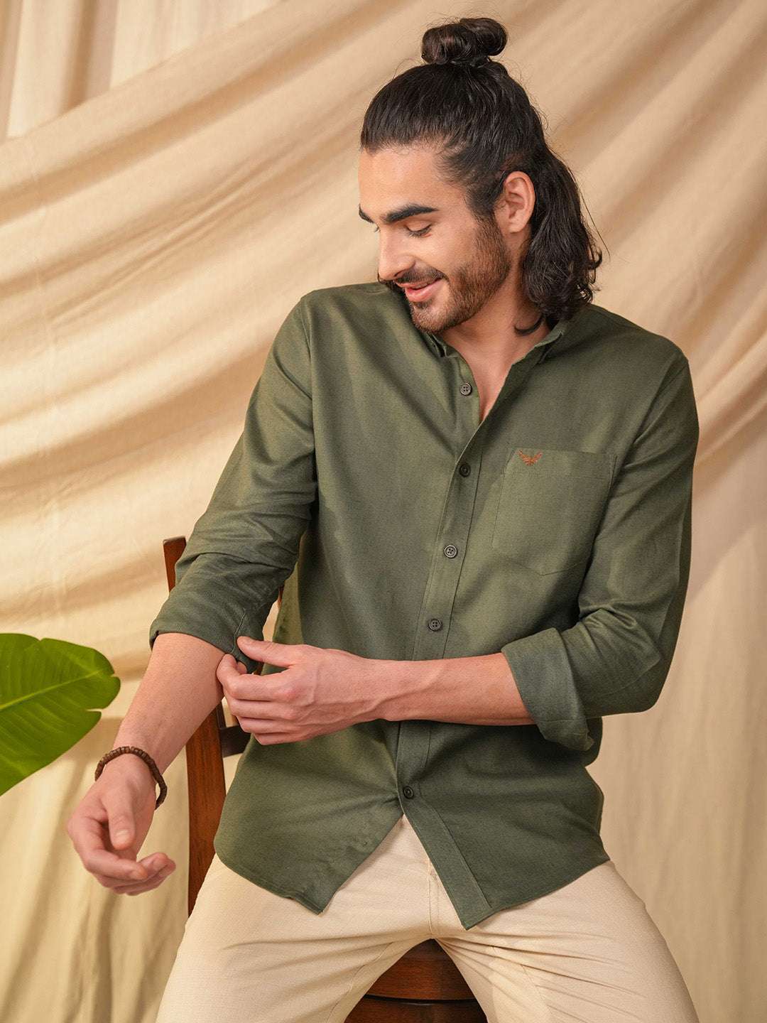 Olive Green Solid Pre-Washed Linen Cotton Slim Fit Shirt