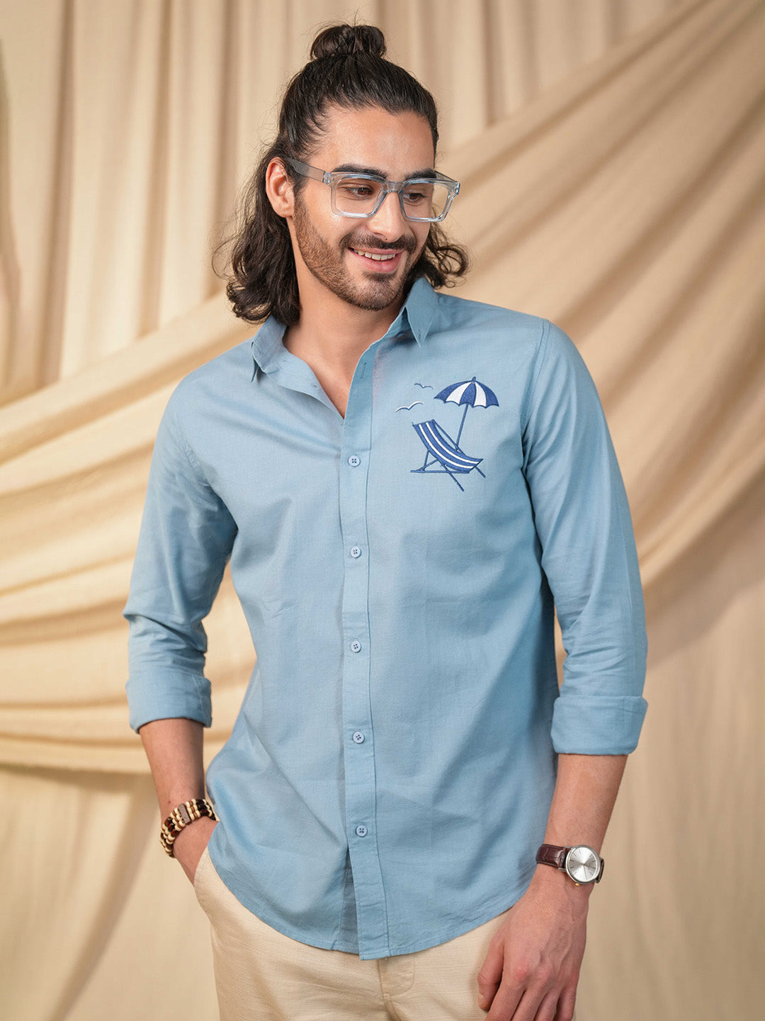 Aqua Blue Beach Chair Embroidery Linen Cotton Shirt