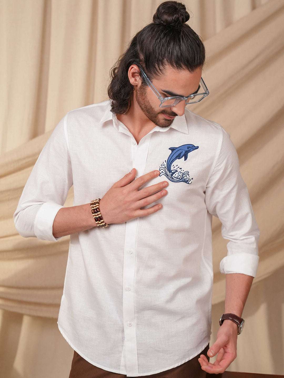 White Dolphin Embroidery Linen Cotton Shirt