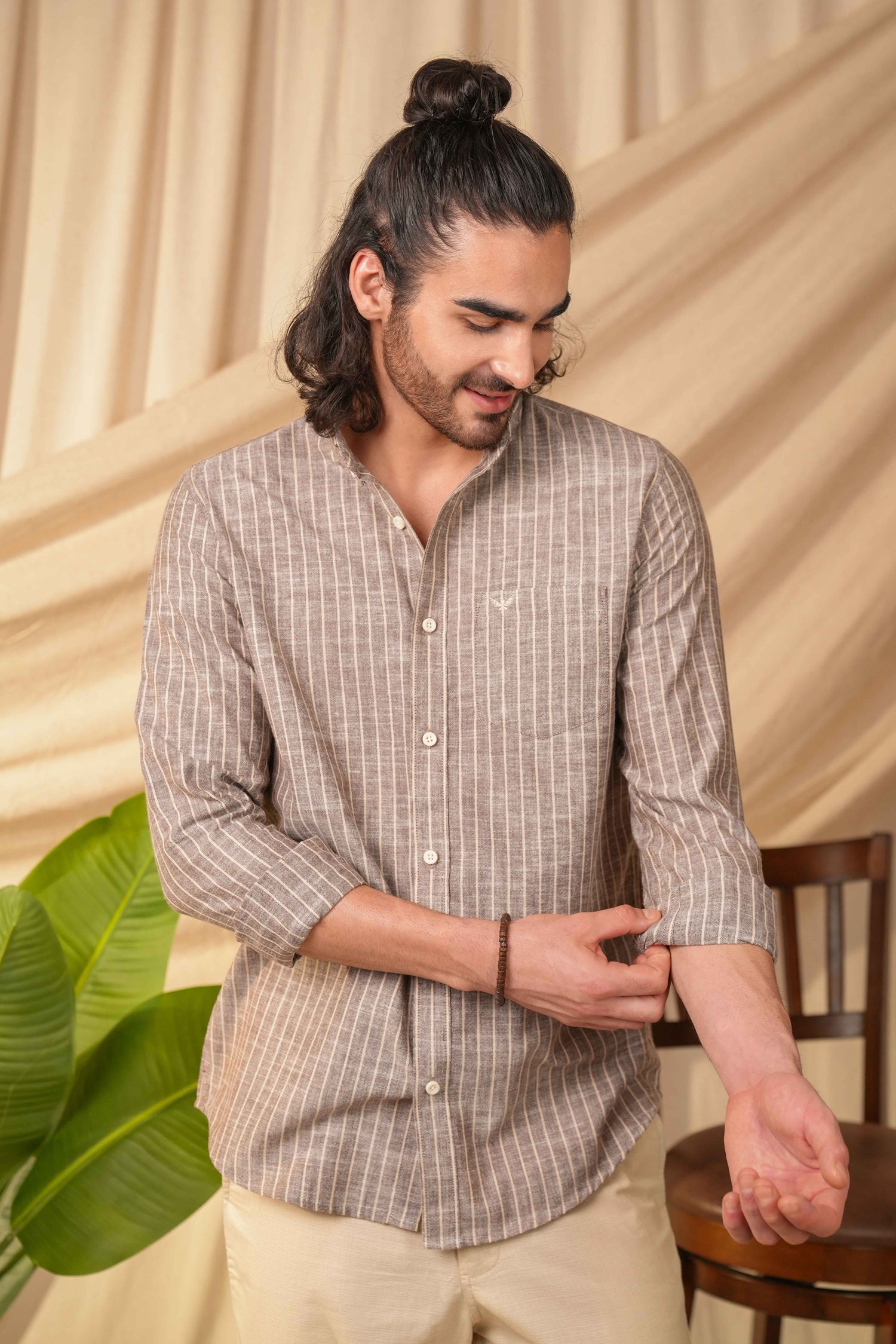 Dusty Brown Striped Pre-Washed Linen Cotton Slim Fit Shirt