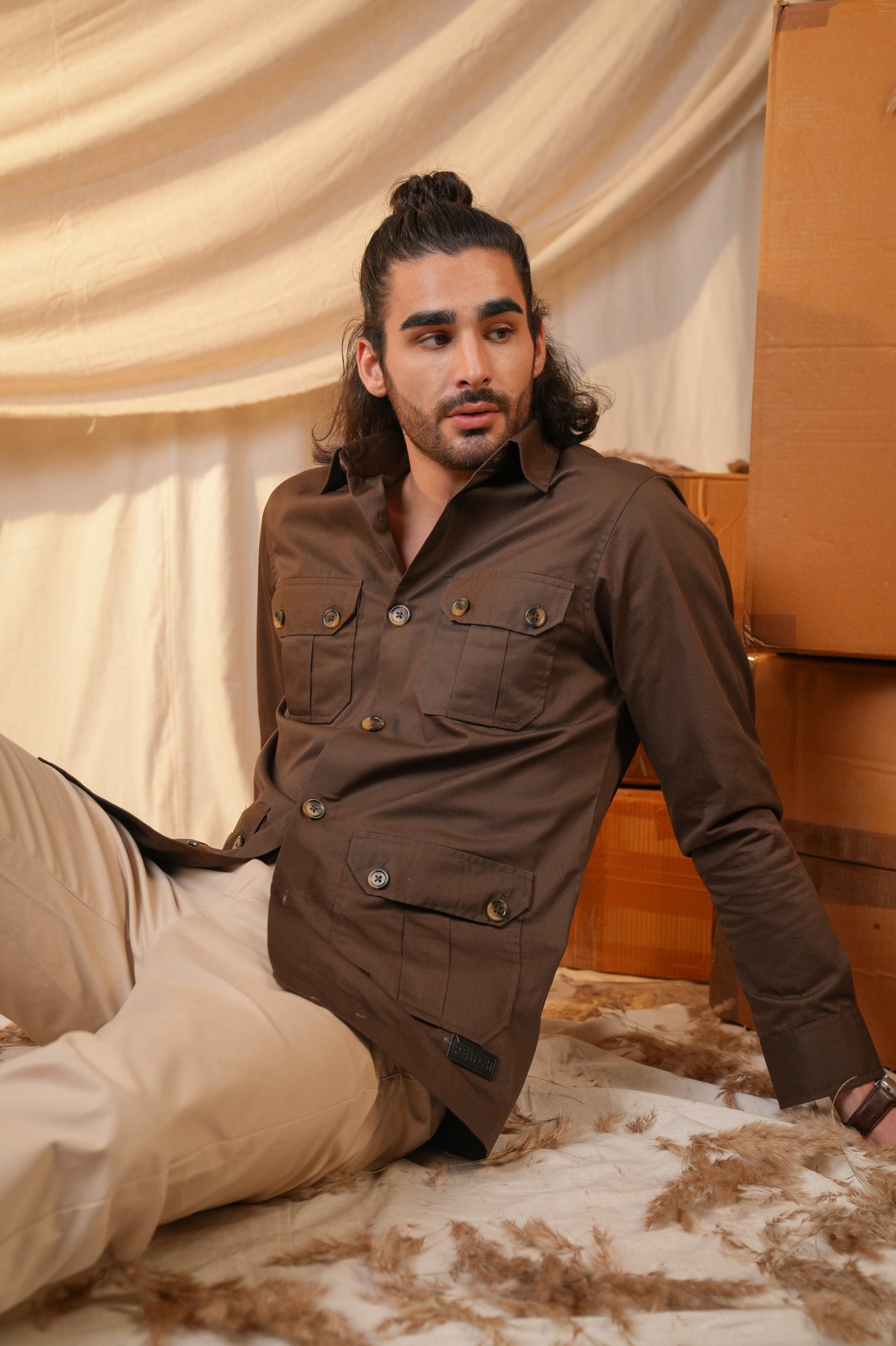 Brown Solid Heavy Cotton Twill Regular Fit Shirt For Men