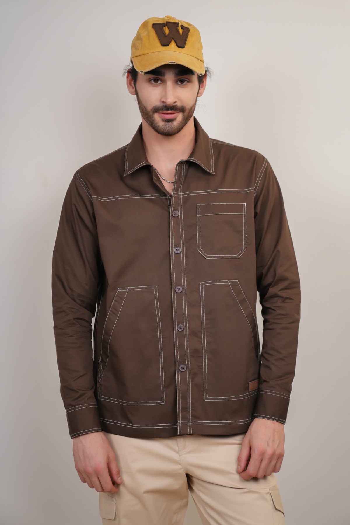 Brown Solid Heavy Cotton Twill Boxy Fit Shirt For Men