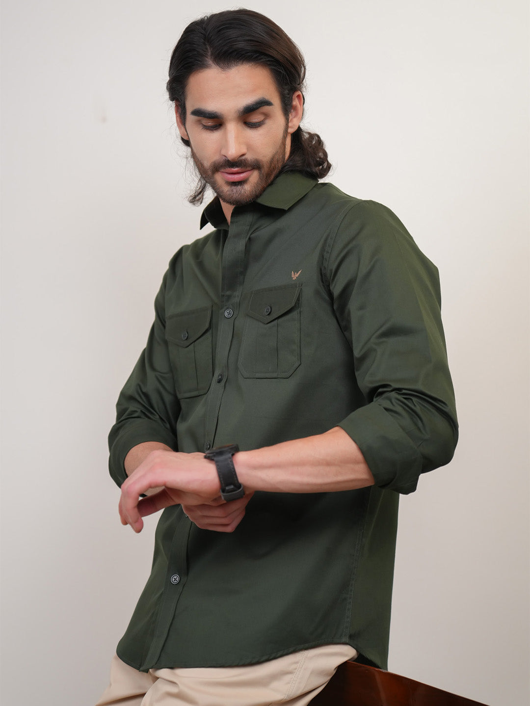 English Green Solid Cotton Twill  Slim Fit Shirt