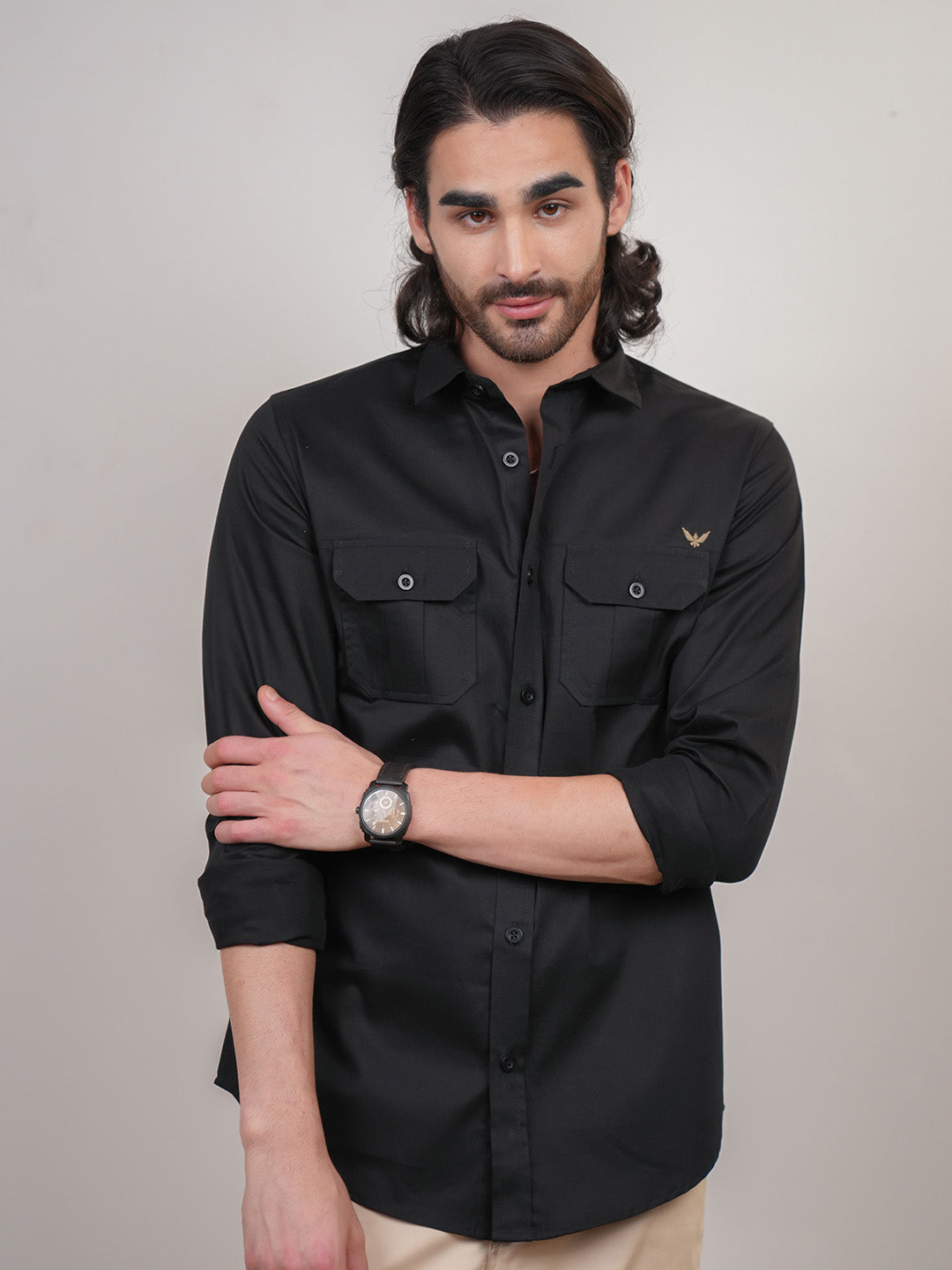 Black Solid Cotton Twill Slim Fit Shirt