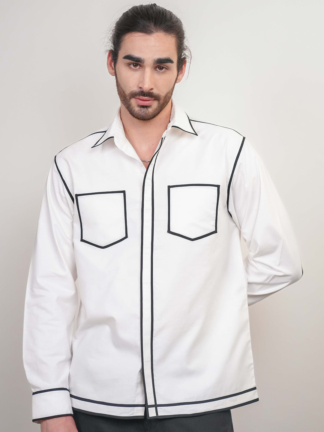 White Colour blocked Heavy Cotton Twill Boxy Fit Shirt For Men