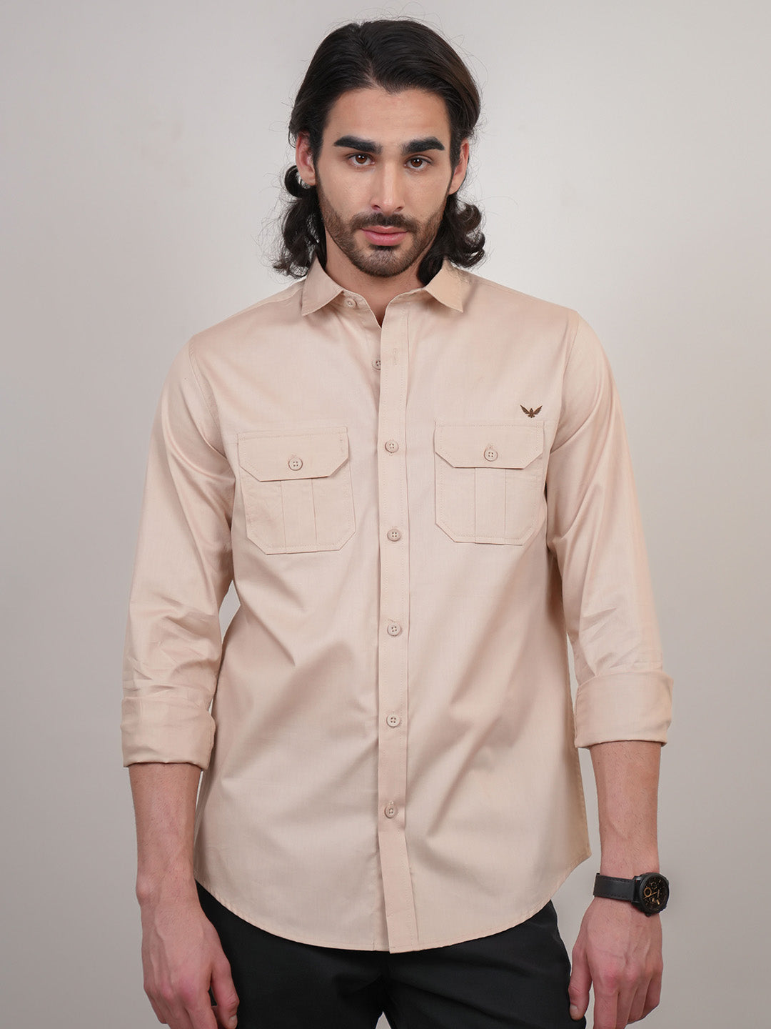 Earthy Beige Solid Cotton Twill Slim Fit Shirt