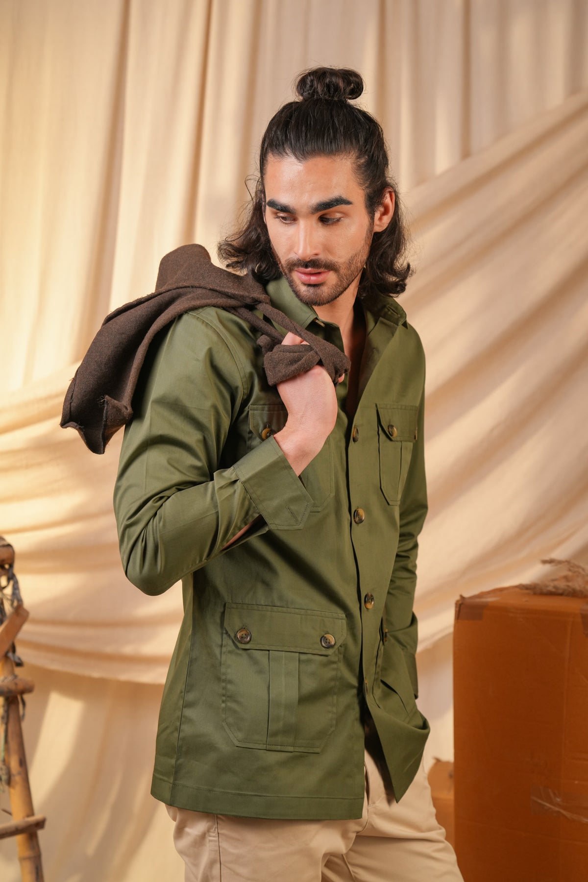 Green Solid Heavy Cotton Twill Regular Fit Shirt For Men