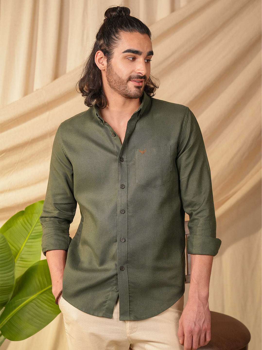 Olive Green Solid Pre-Washed Linen Cotton Slim Fit Shirt