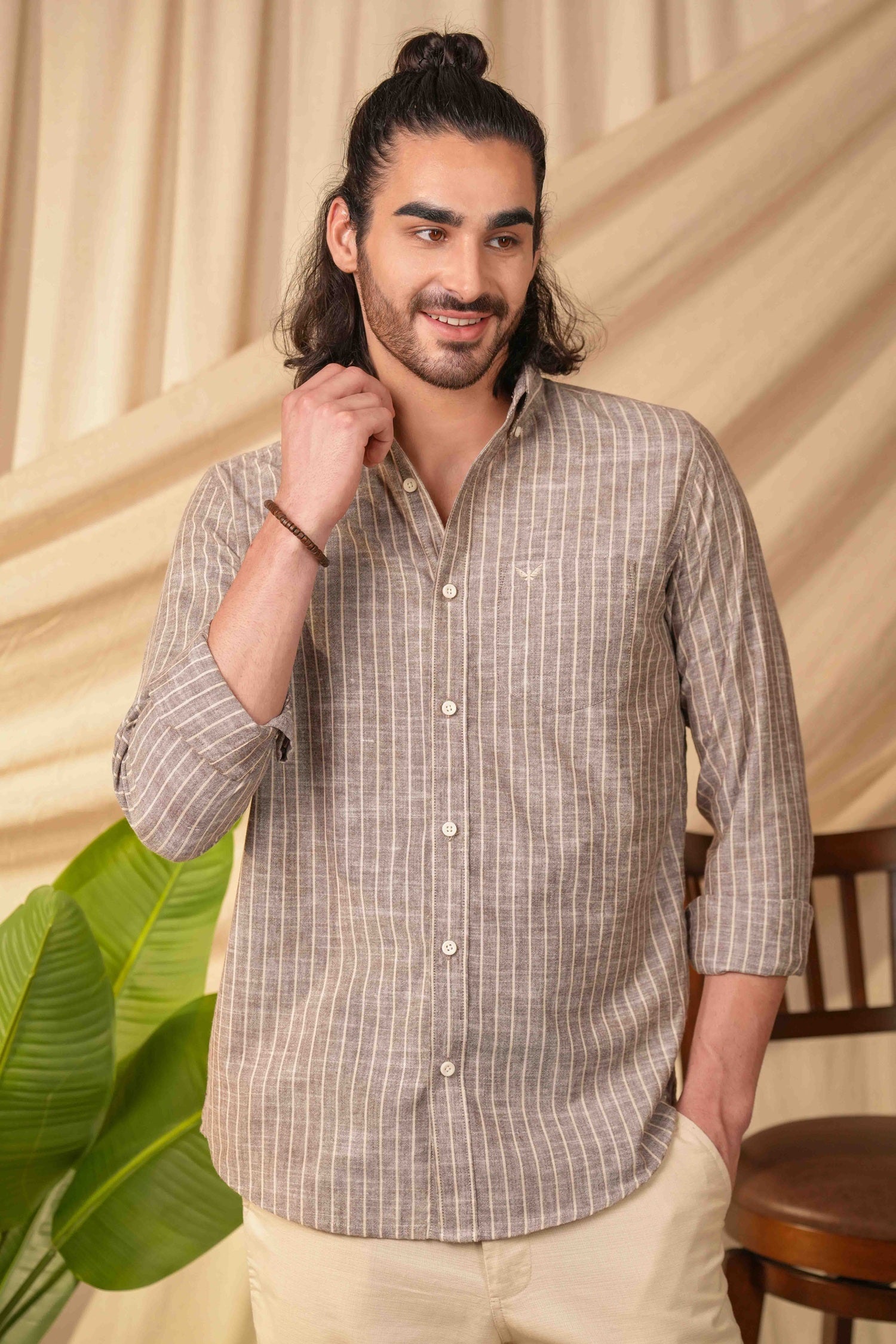 Dusty Brown Striped Pre-Washed Linen Cotton Slim Fit Shirt