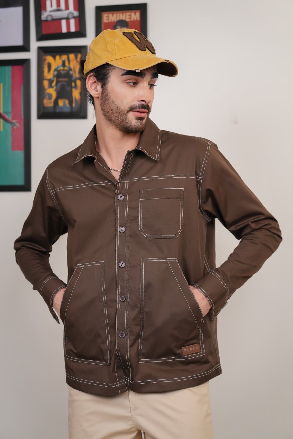 Brown Solid Heavy Cotton Twill Boxy Fit Shirt For Men