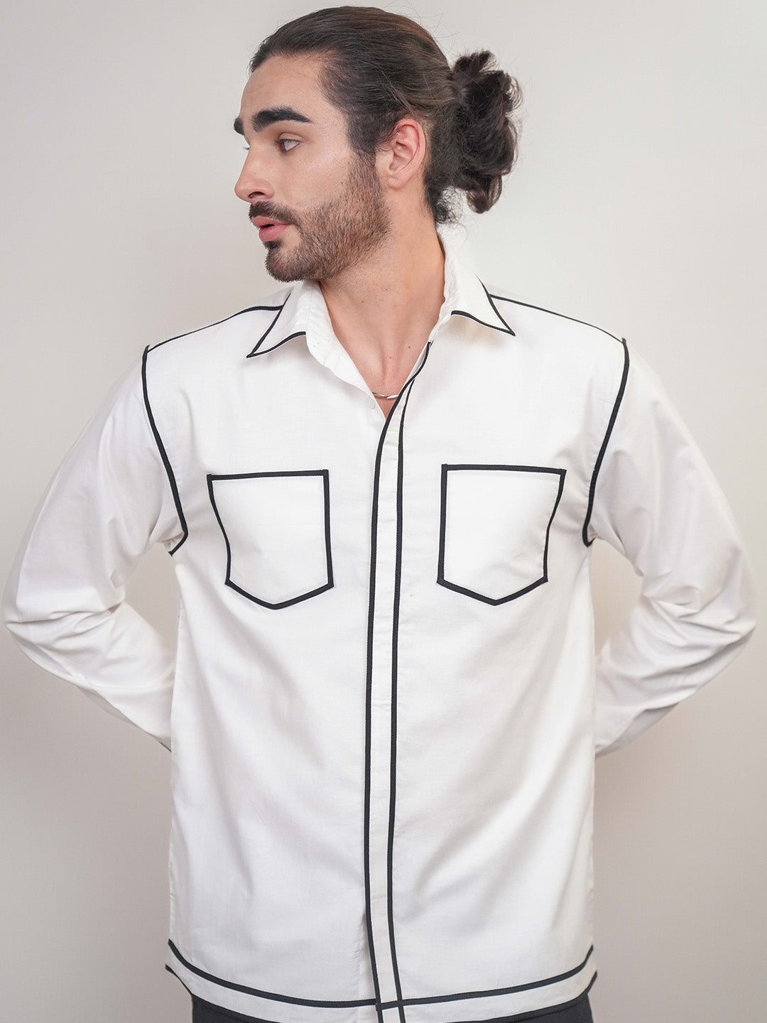 White Colour blocked Heavy Cotton Twill Boxy Fit Shirt For Men