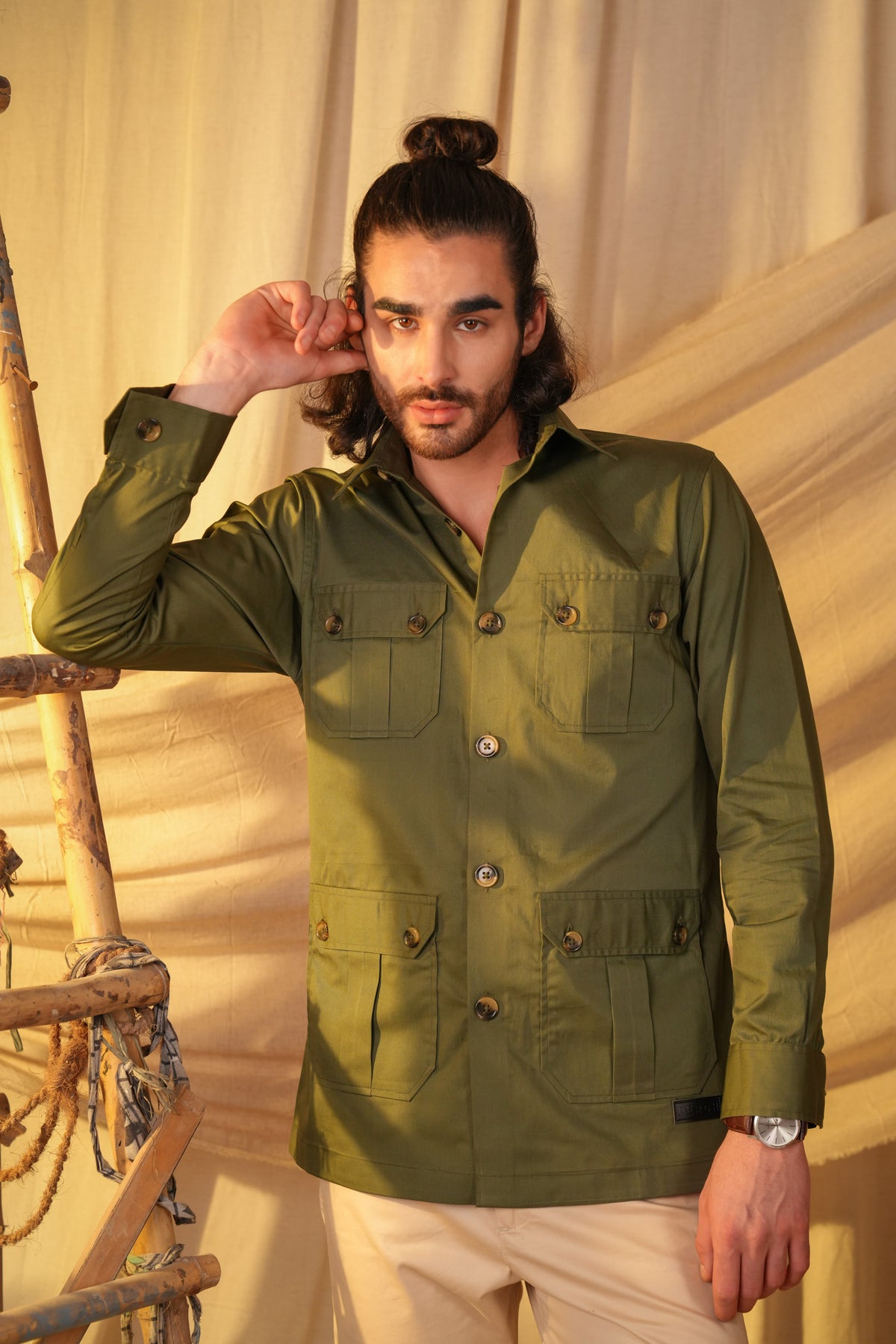Green Solid Heavy Cotton Twill Regular Fit Shirt For Men