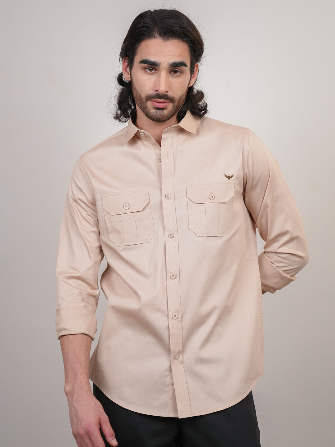 Earthy Beige Solid Cotton Twill Slim Fit Shirt