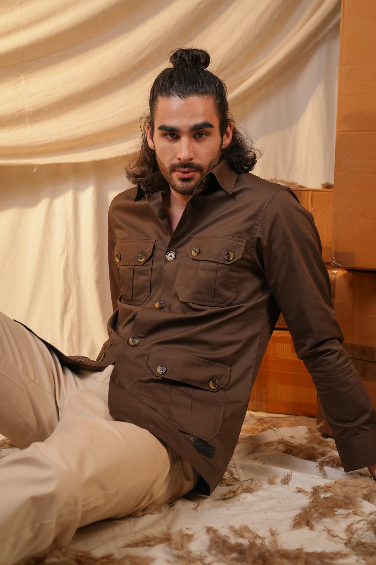 Brown Solid Heavy Cotton Twill Regular Fit Shirt For Men