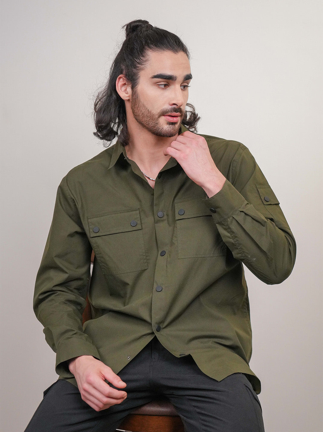Olive Green Solid Heavy Cotton Poplin Boxy Fit Shirt