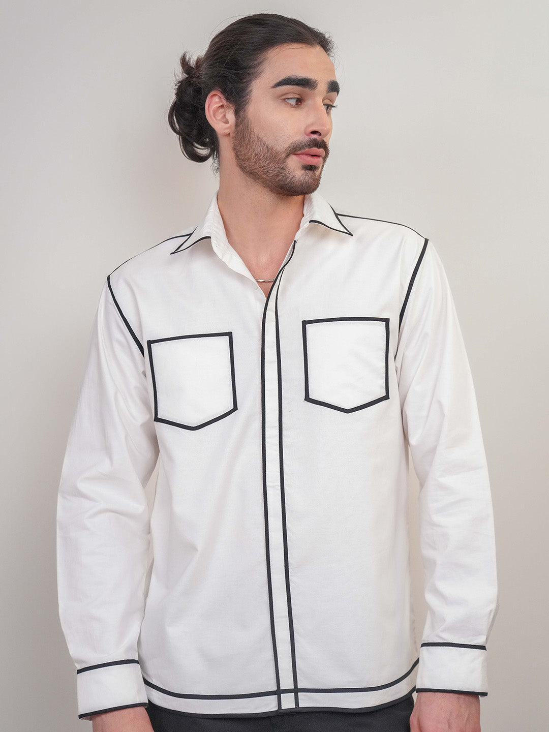 White Colour blocked Heavy Cotton Twill Boxy Fit Shirt For Men