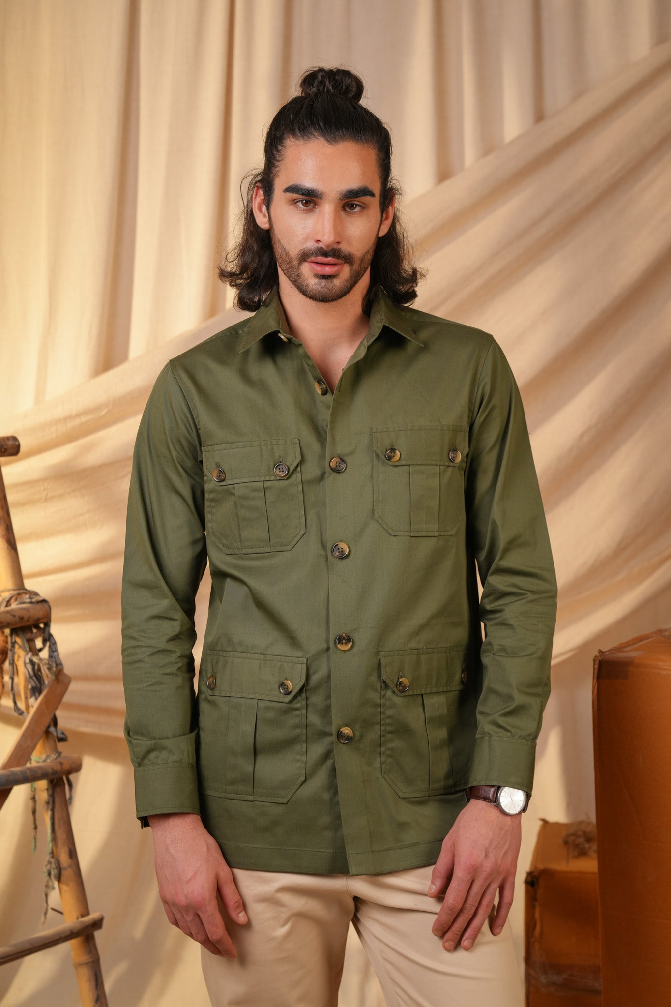 Green Solid Heavy Cotton Twill Regular Fit Shirt For Men